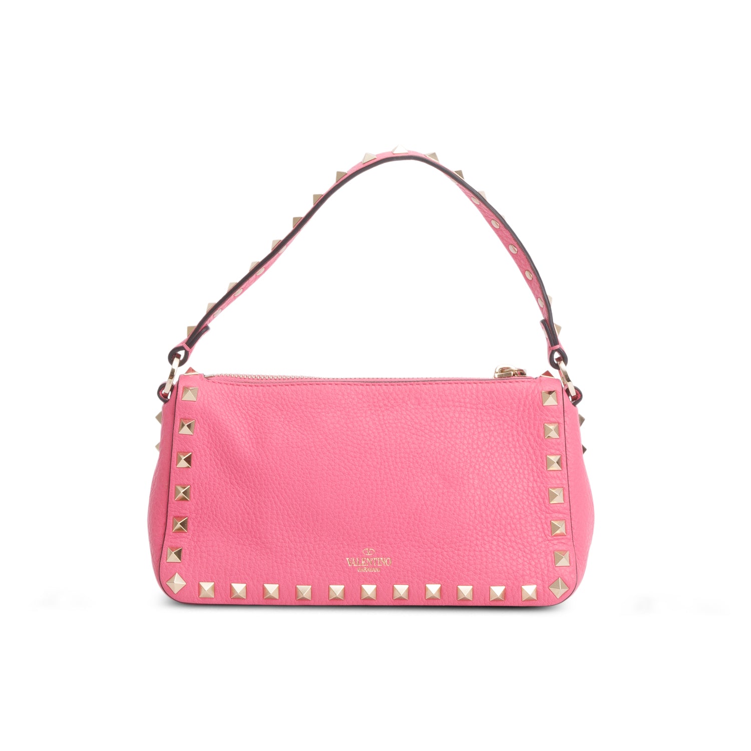 Valentino Pink Pebbled Calfskin Small Rockstud Flip Lock Shoulder Bag w/ Strap