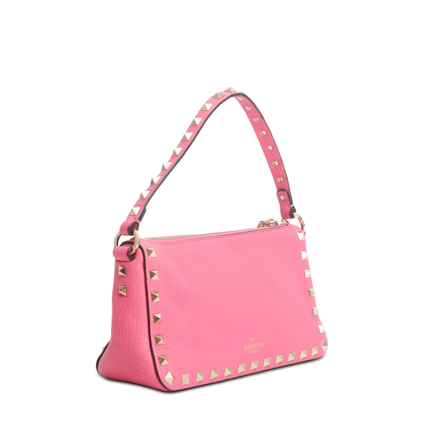 Valentino Pink Pebbled Calfskin Small Rockstud Flip Lock Shoulder Bag w/ Strap