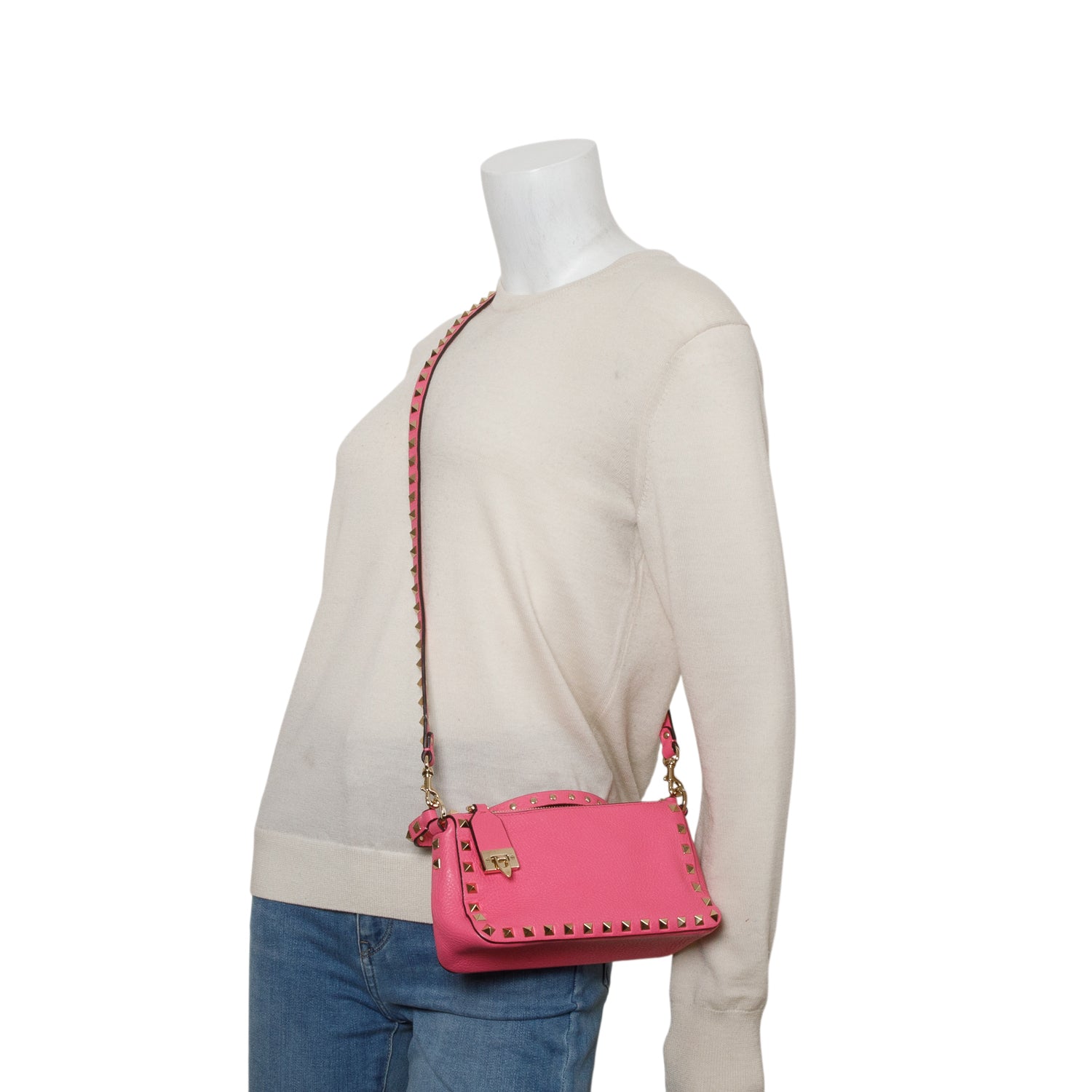 Valentino Pink Pebbled Calfskin Small Rockstud Flip Lock Shoulder Bag w/ Strap
