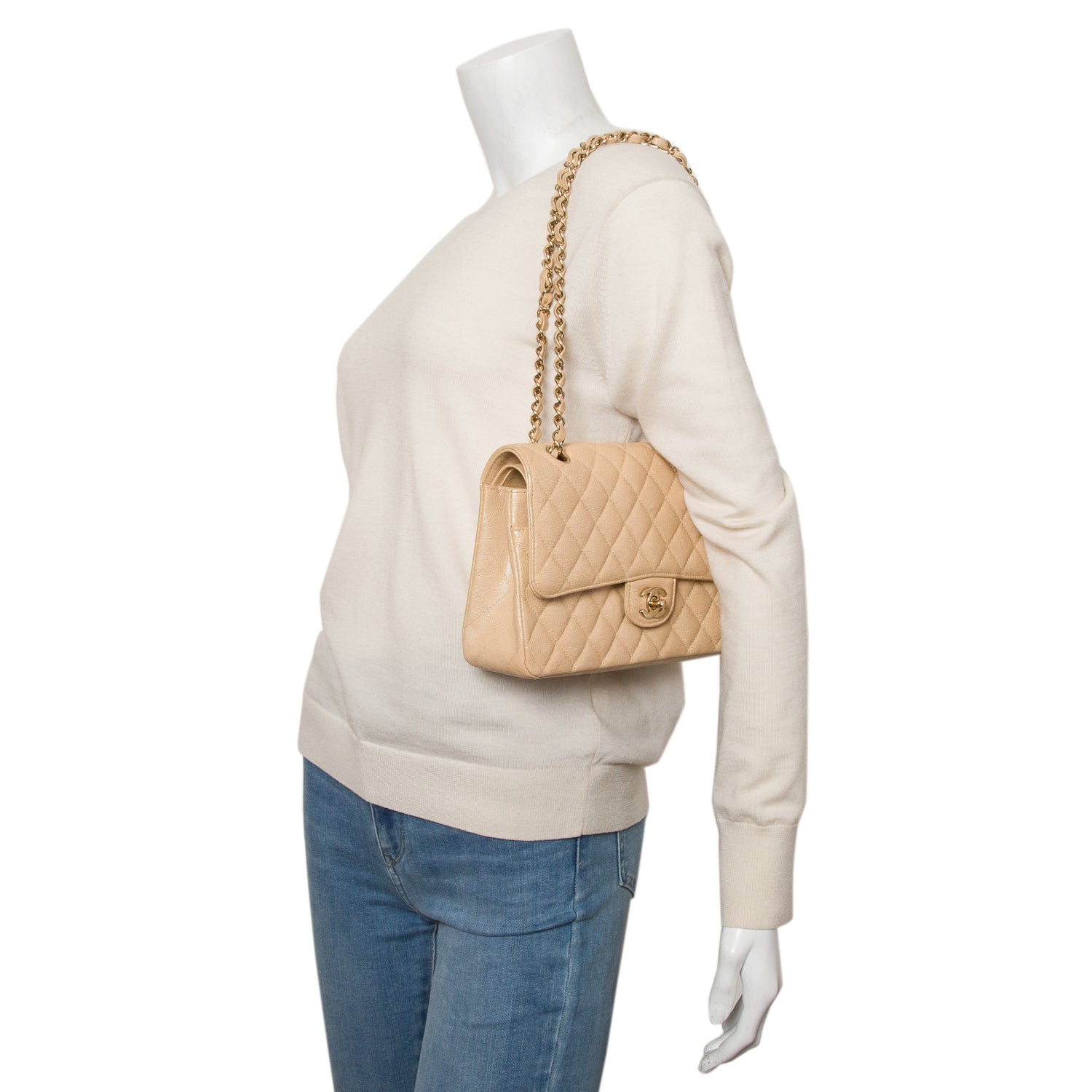 Chanel Beige Iridescent Caviar Leather Classic Medium Double Flap Bag w/ Box