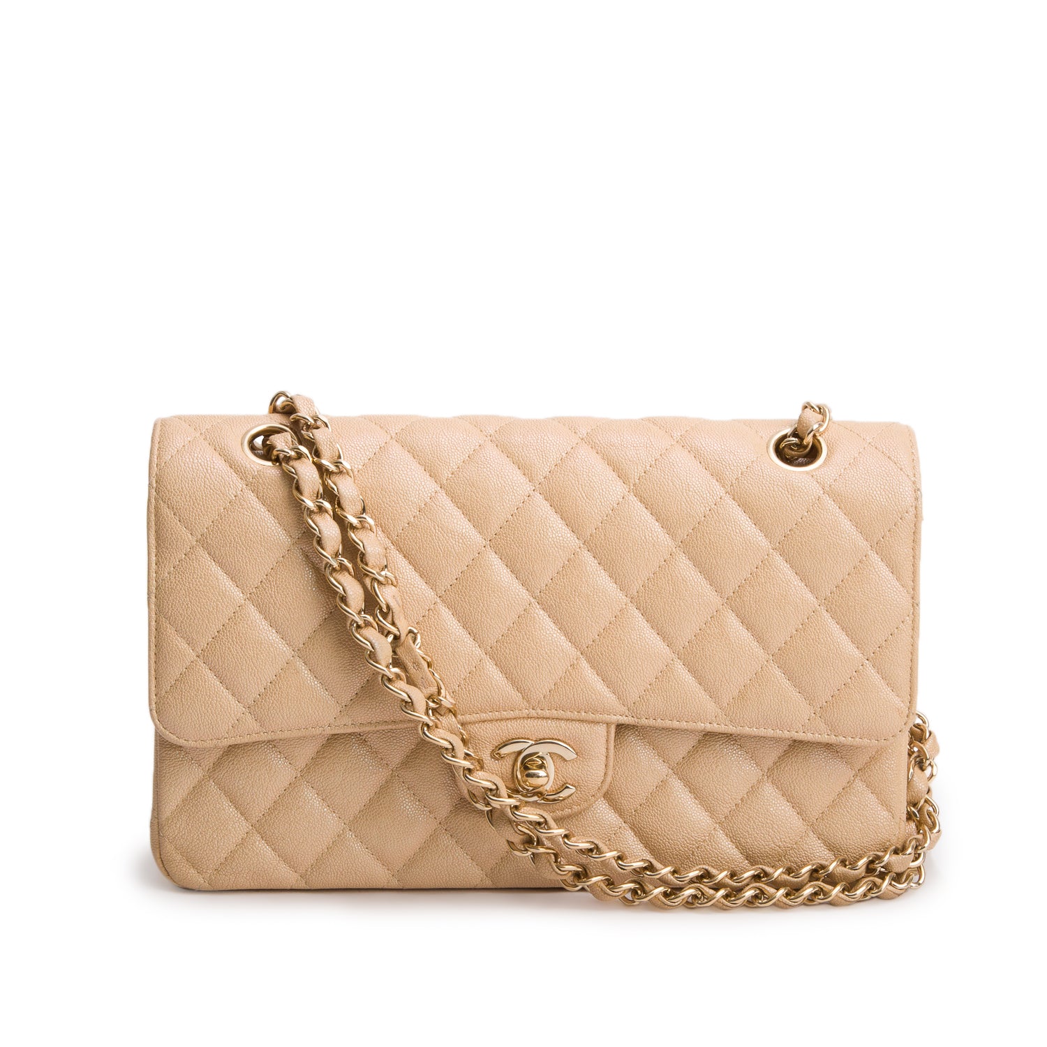 Chanel Beige Iridescent Caviar Leather Classic Medium Double Flap Bag w/ Box