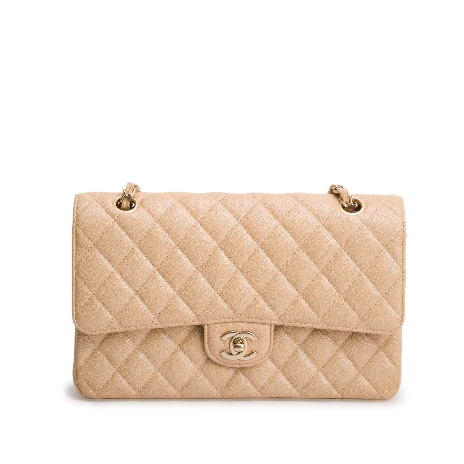 Chanel Beige Iridescent Caviar Leather Classic Medium Double Flap Bag w/ Box