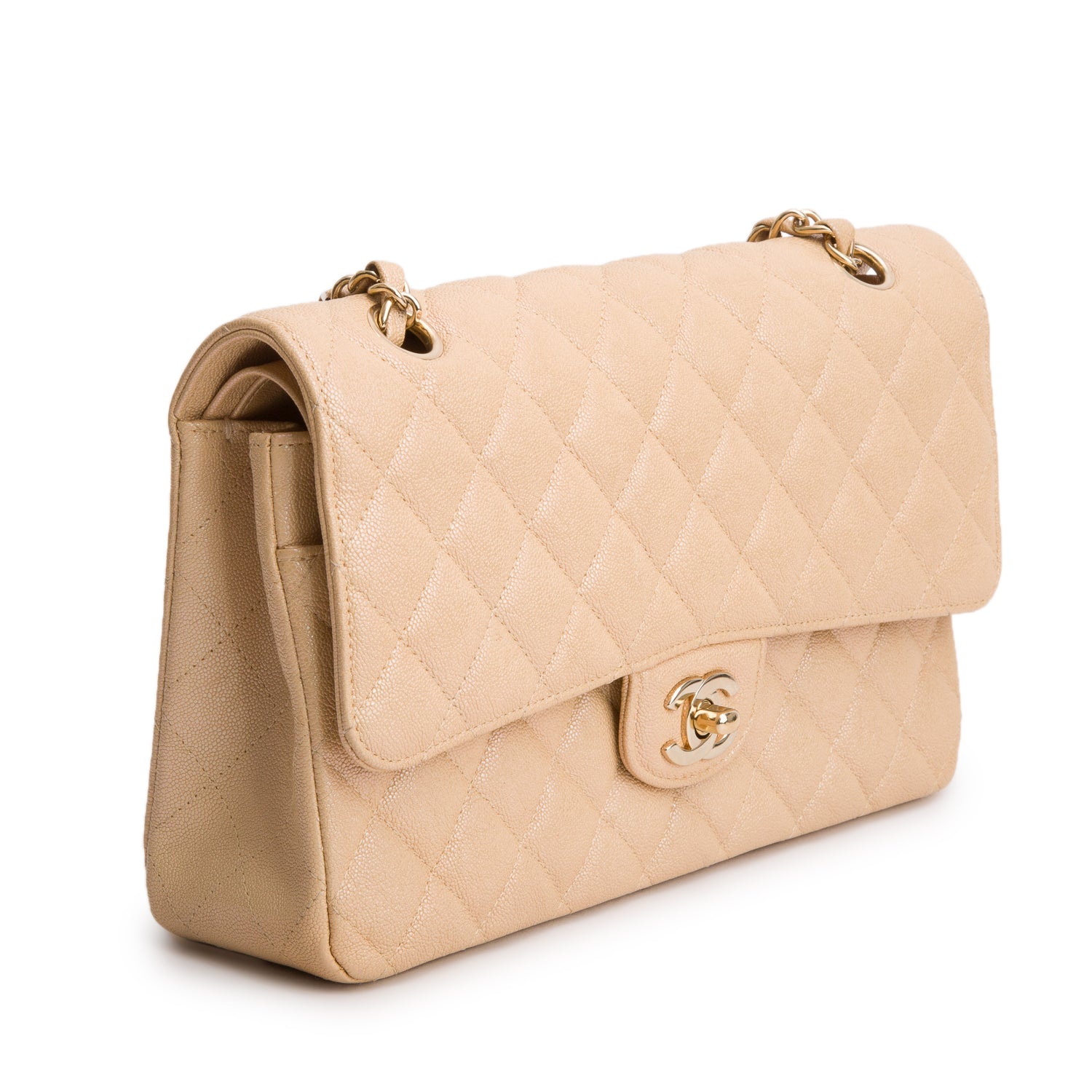 Chanel Beige Iridescent Caviar Leather Classic Medium Double Flap Bag w/ Box