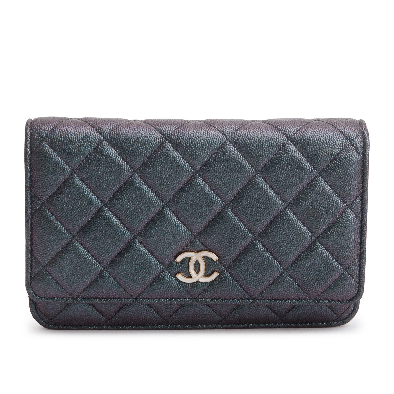 Chanel Blue Iridescent Caviar Quilted Classic Wallet on Chain w/ Authenticity Card