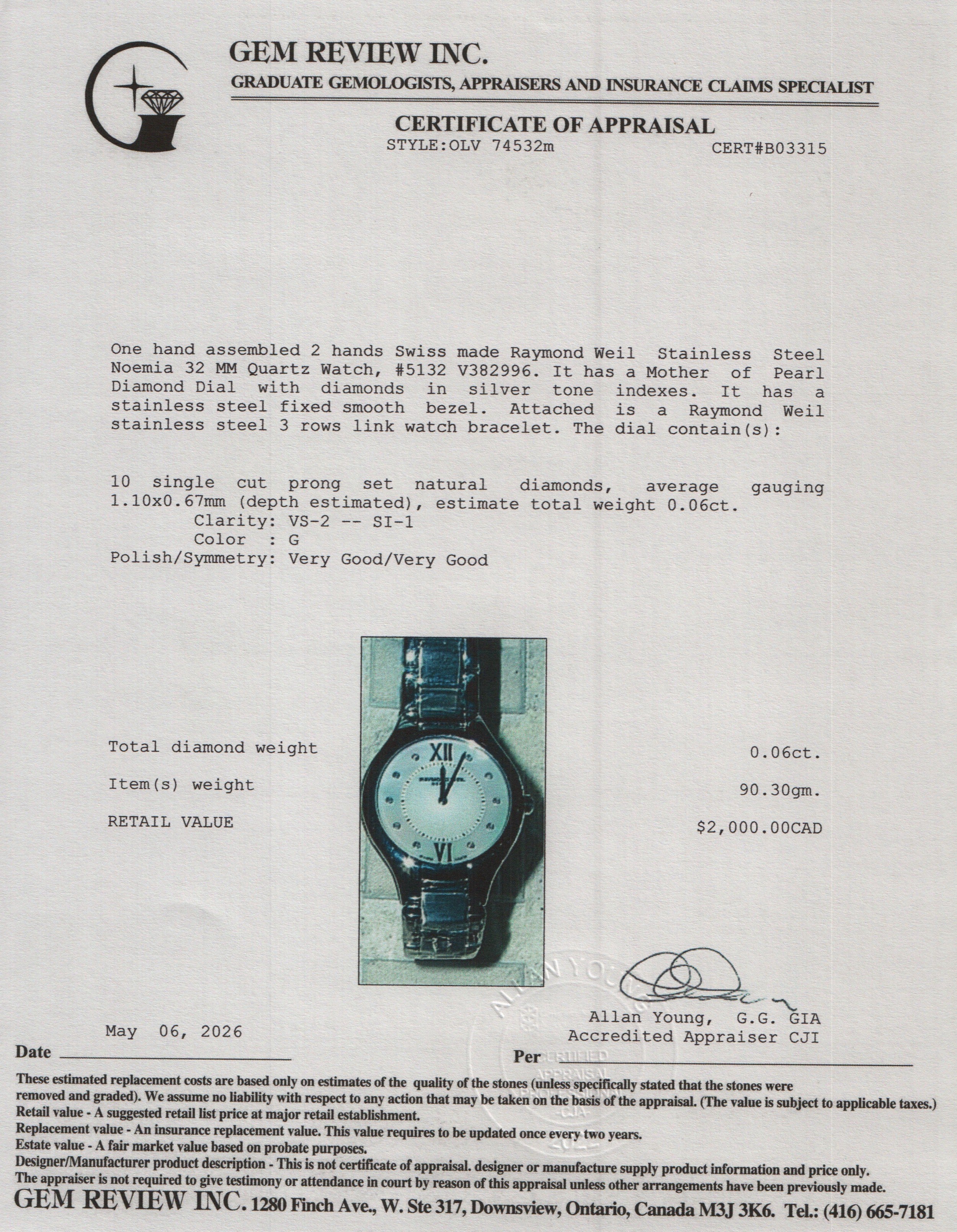 Raymond Weil Stainless Steel Noemia 32 MM Quartz Watch Mother of Pearl Diamond Dial 5132