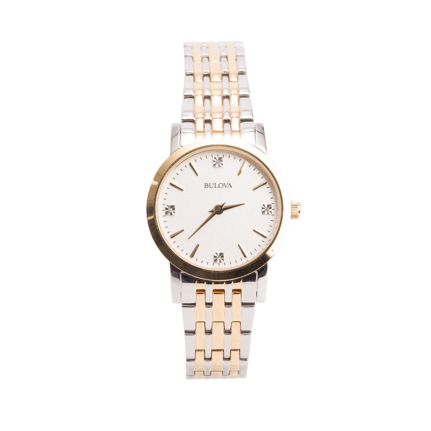 Bulova Two-Tone Stainless Steel Casual 27 MM Quartz Watch Silver Diamond Dial 98P115 w/ Box