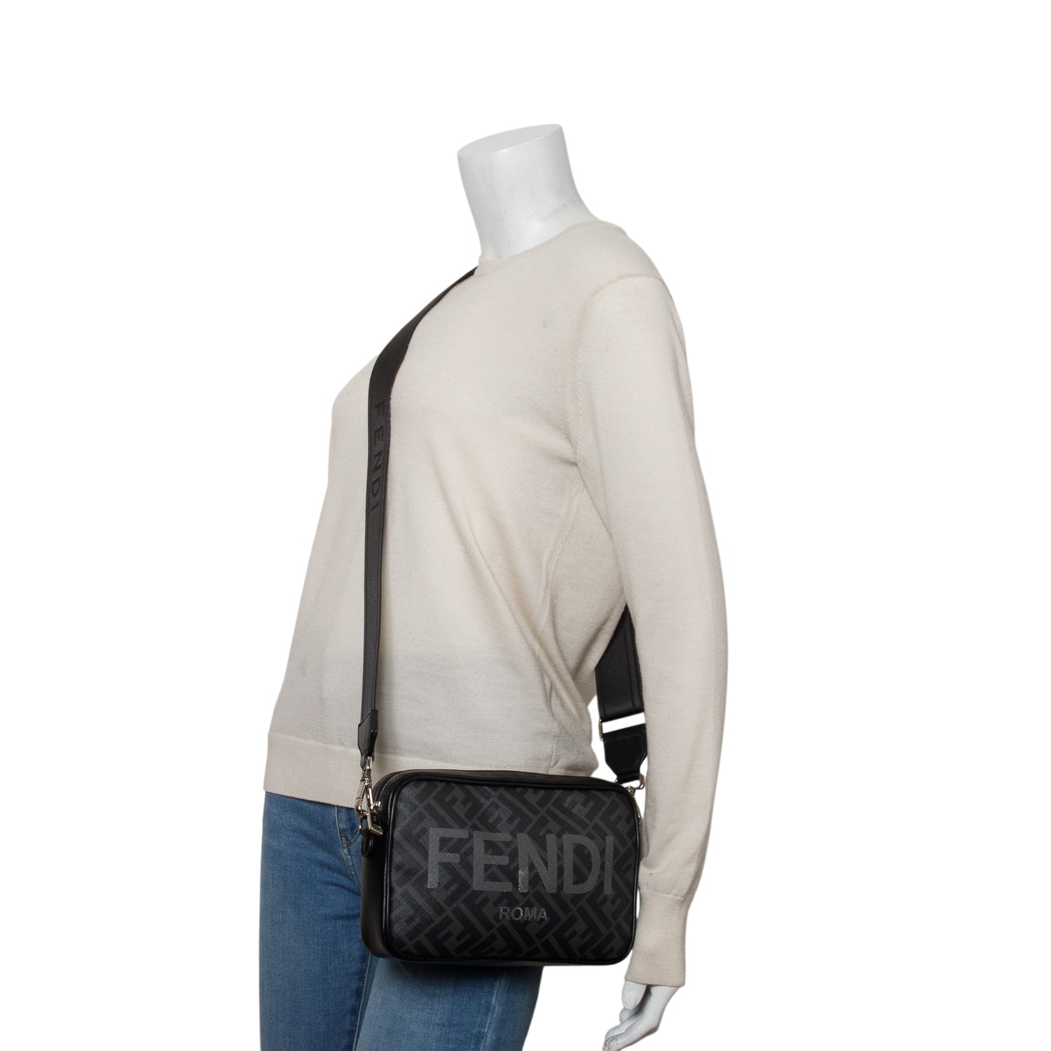 Fendi Black Leather FF Zucca Canvas Camera Case Bag