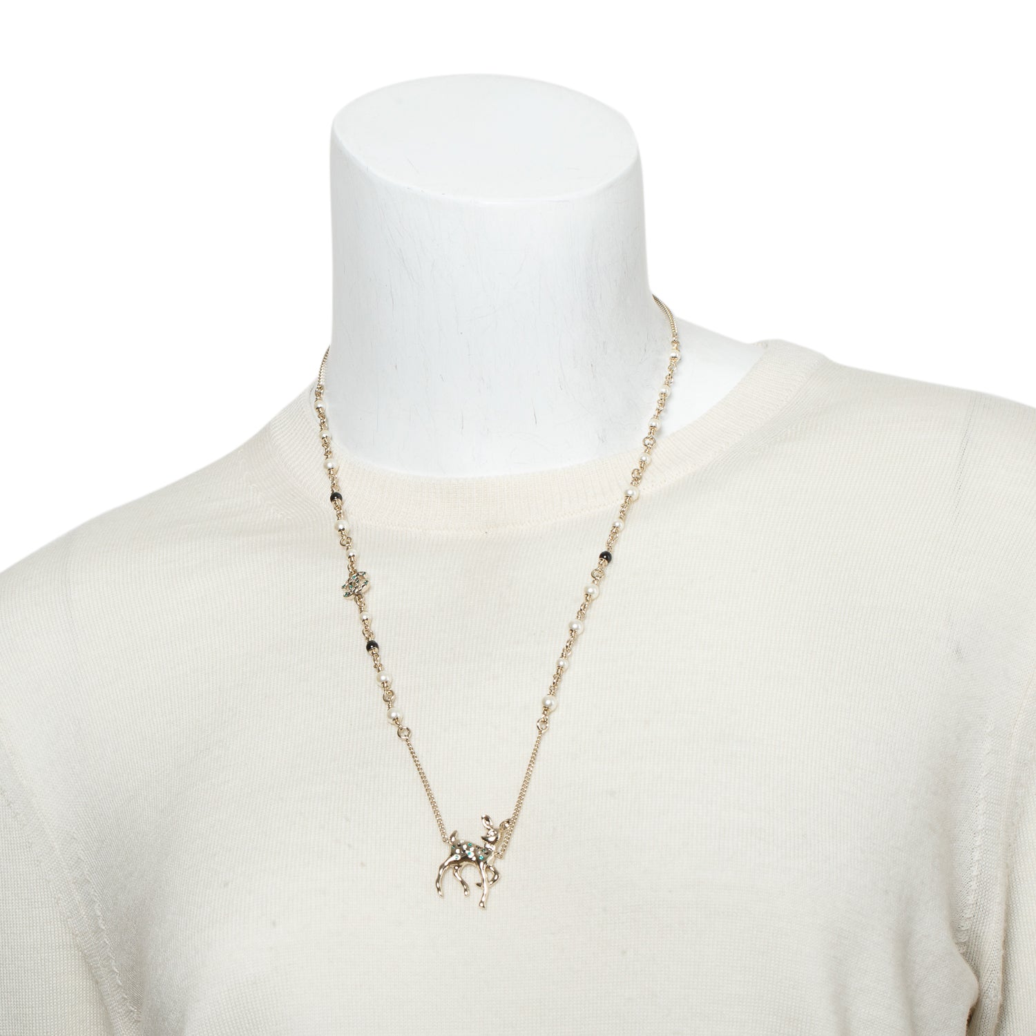 Chanel 2026 Gold-Plated Metal Strass CC Faux Pearl Raindeer Pendant Necklace w/ Box