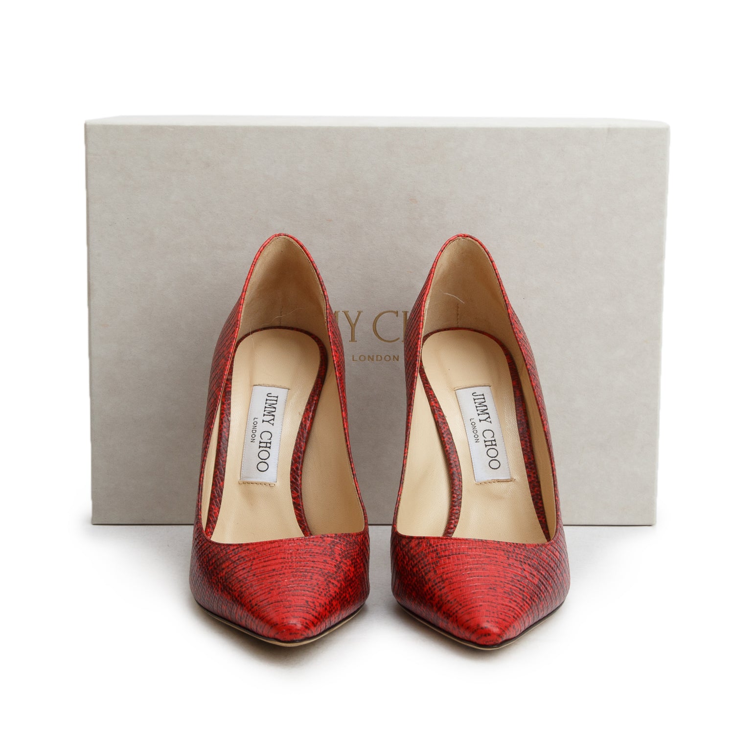 Jimmy Choo Red Lizard Print Leather Romy 100 Pumps, Women's Size 38.5 w/ Box