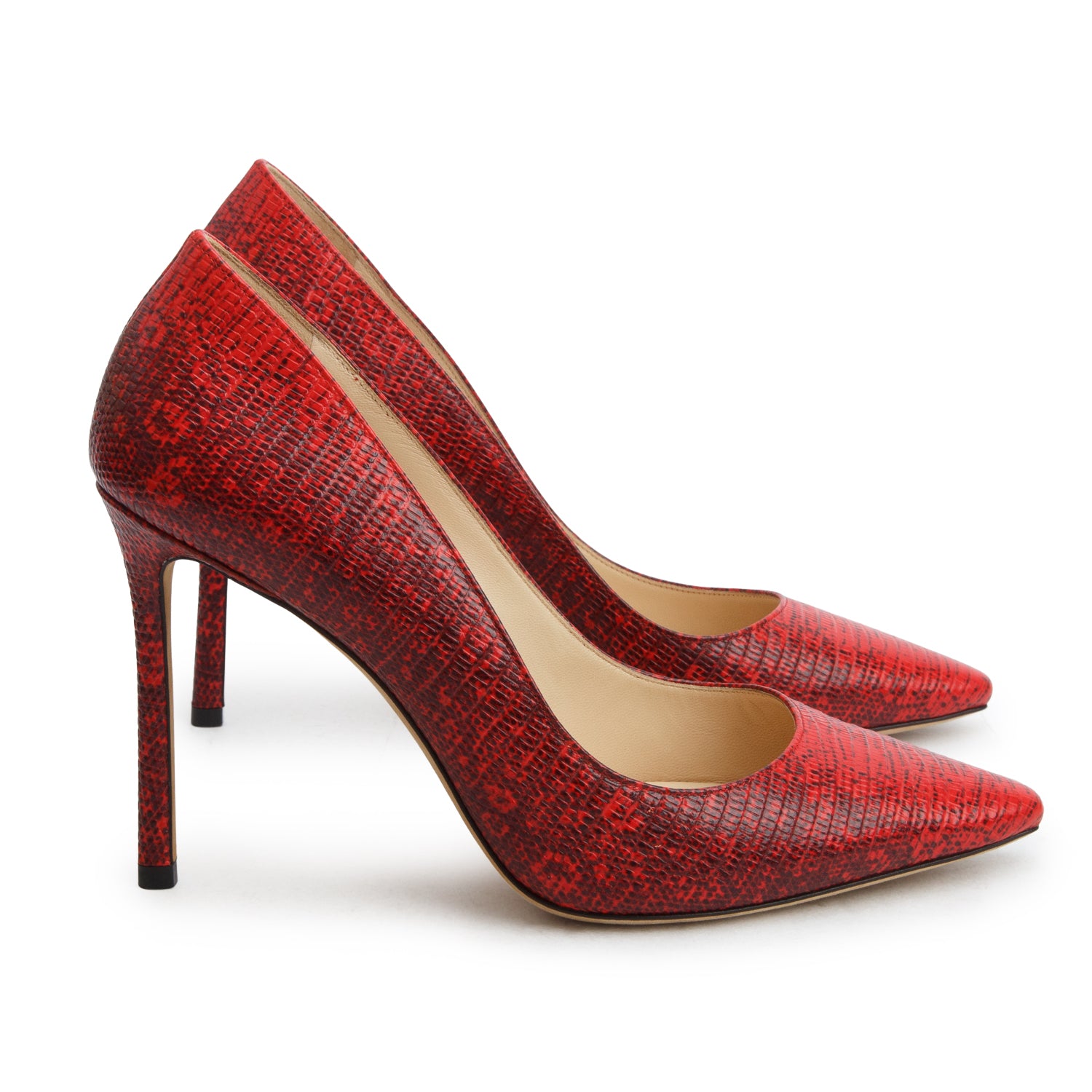 Jimmy Choo Red Lizard Print Leather Romy 100 Pumps, Women's Size 38.5 w/ Box