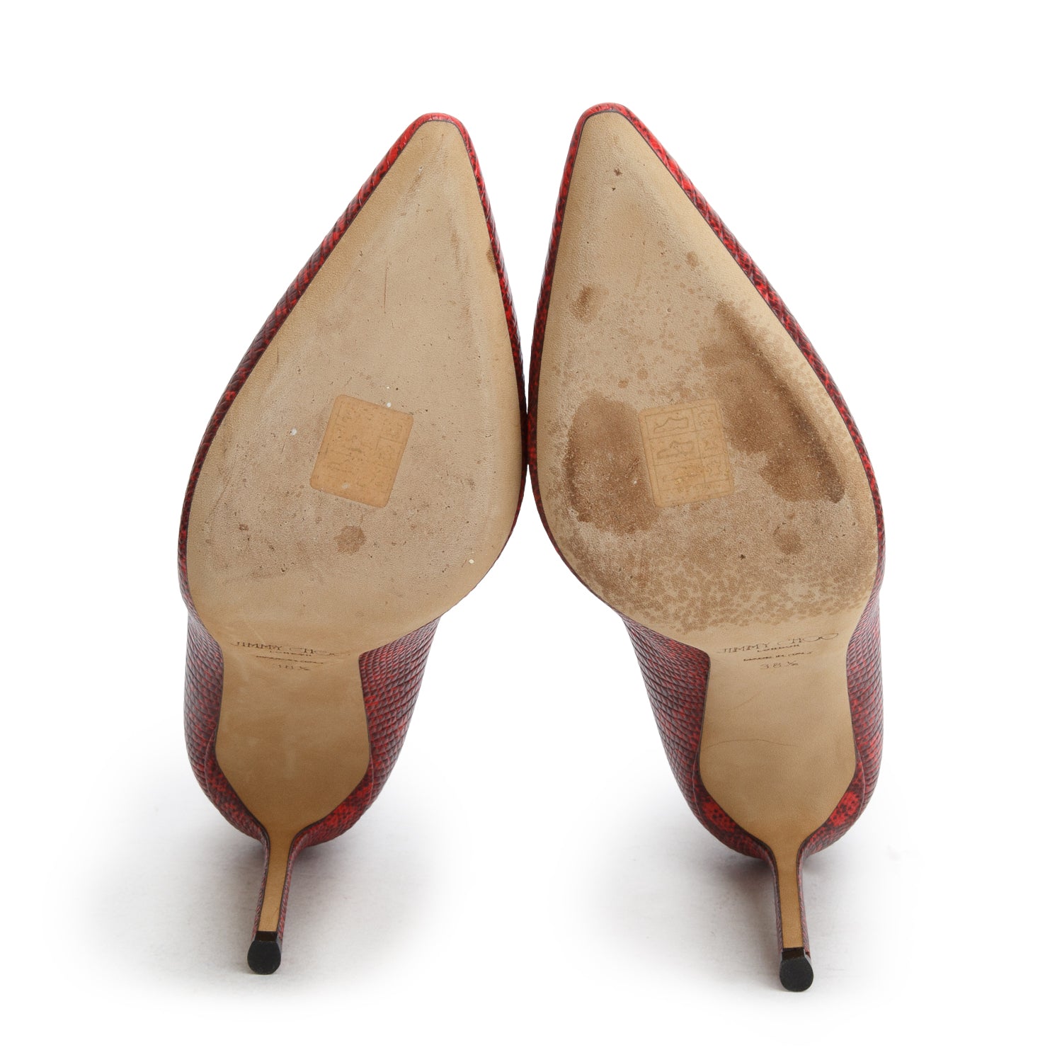 Jimmy Choo Red Lizard Print Leather Romy 100 Pumps, Women's Size 38.5 w/ Box