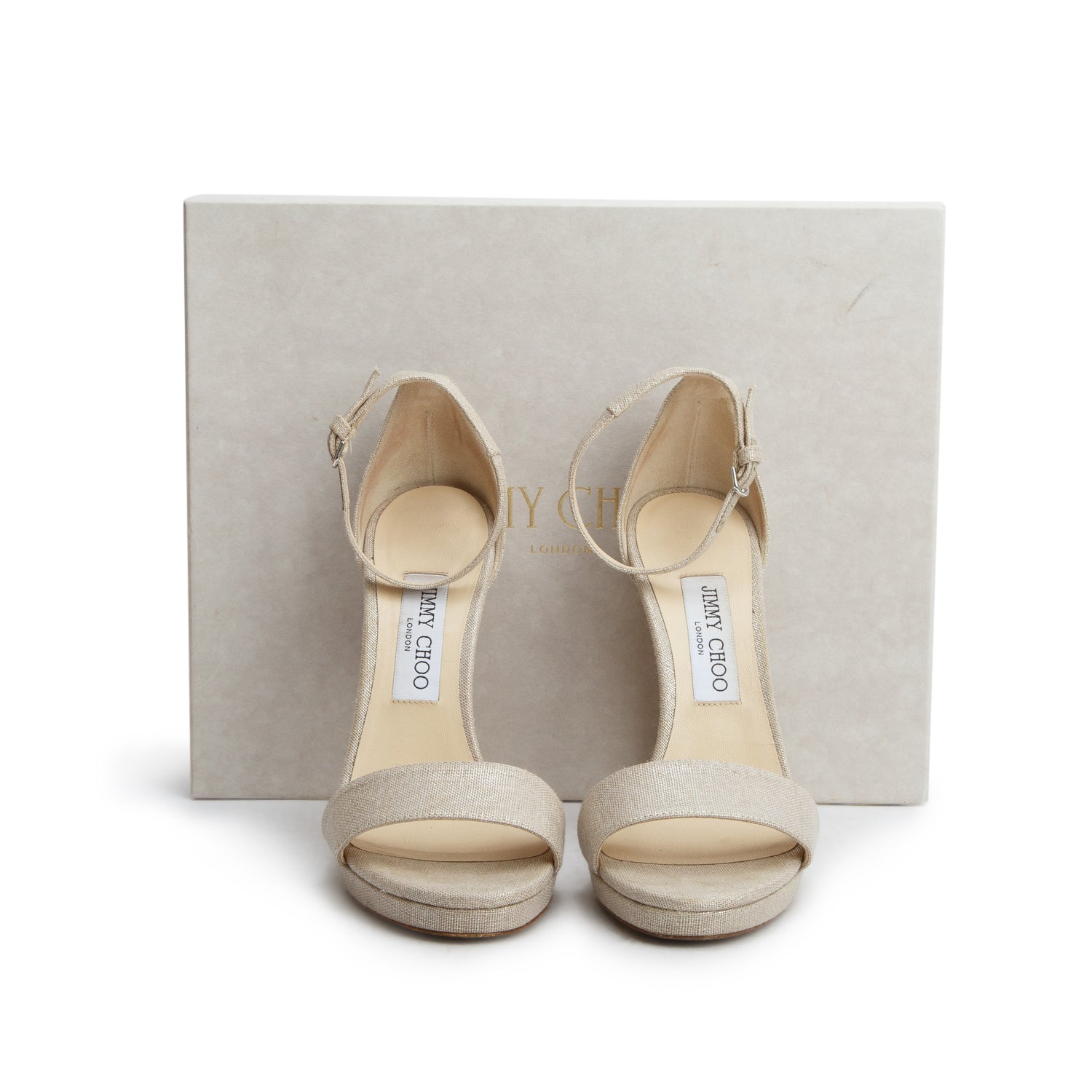 Jimmy Choo Metallic Silver Linen Misty 120 Sandals, Women's Size 38 w/ Box
