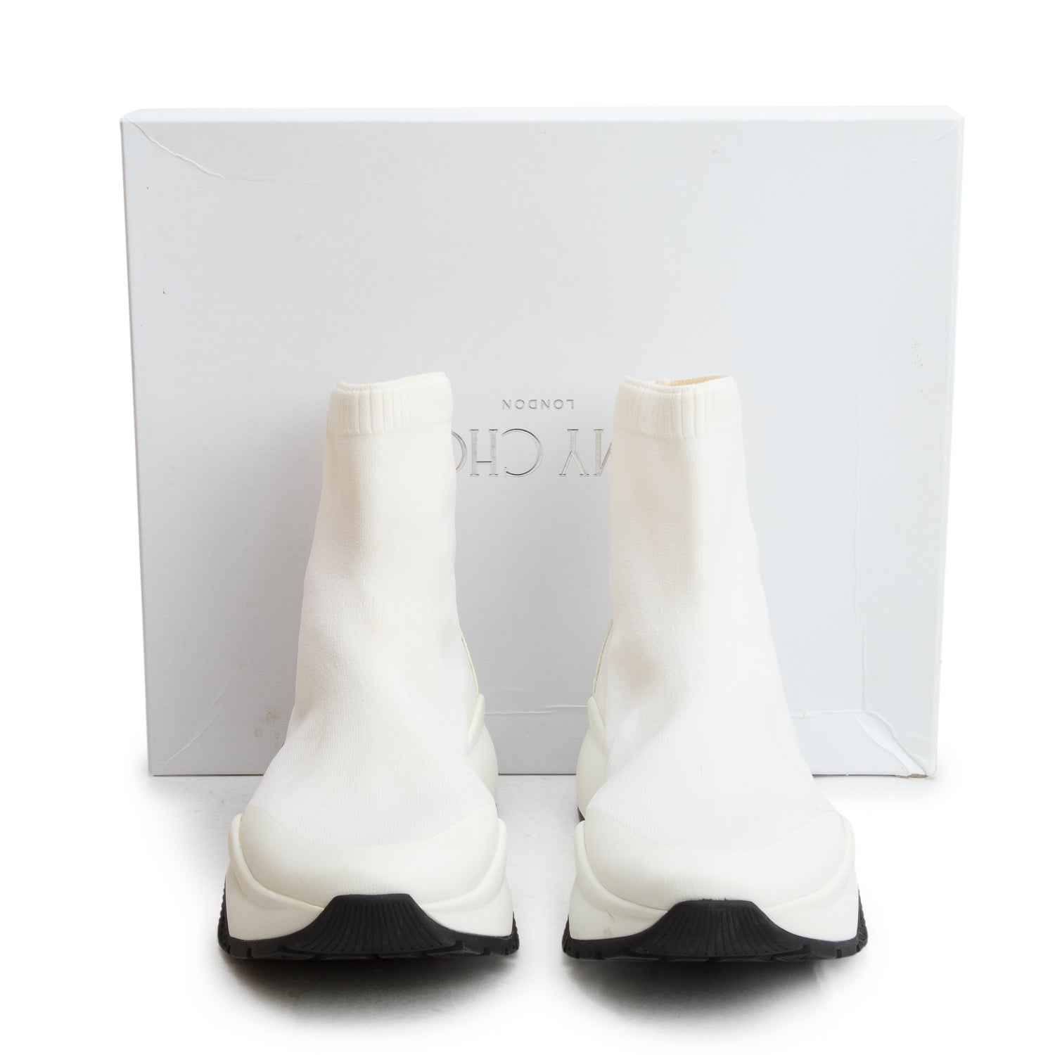 Jimmy Choo White Knitted Raine Sock Sneaker, Women's Size 38 w/ Box