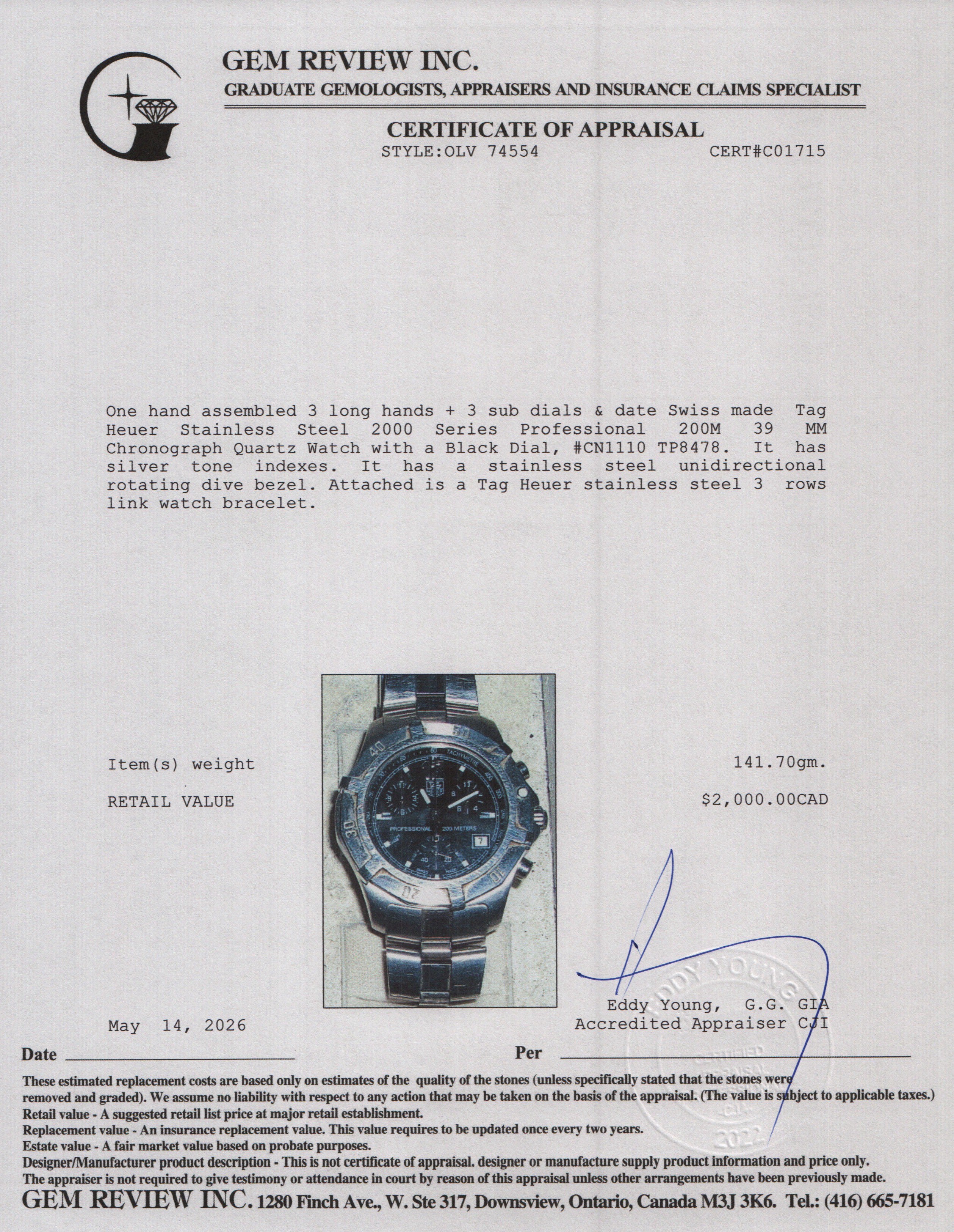 Tag Heuer Stainless Steel 2000 Series Professional 200M 39 MM Chronograph Quartz Watch Black Dial CN1110