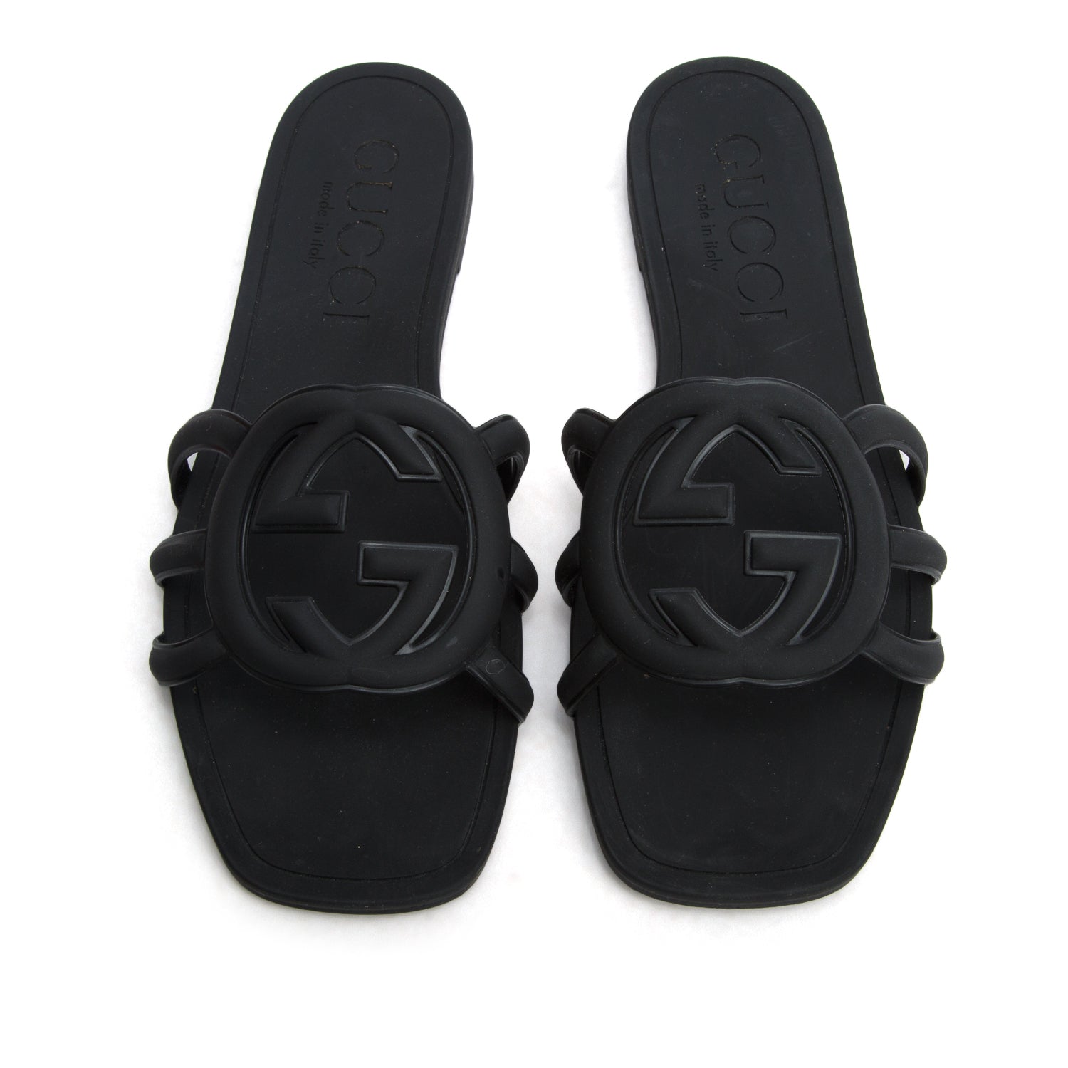 Gucci Black Rubber Interlocking G Cutout Flat Slide Sandals, Women's Size 37 w/ Box
