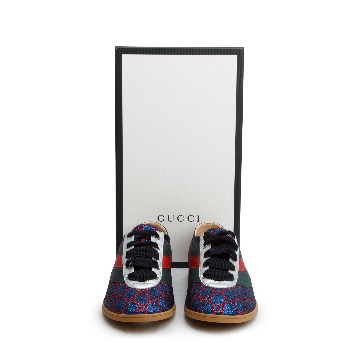 Gucci Iridescent Blue Red Lurex Calfskin Web GG Monogram Falacer Sneakers, Men's Size 10 w/ Box