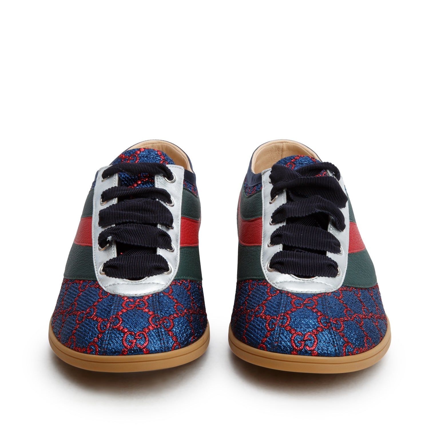 Gucci Iridescent Blue Red Lurex Calfskin Web GG Monogram Falacer Sneakers, Men's Size 10 w/ Box