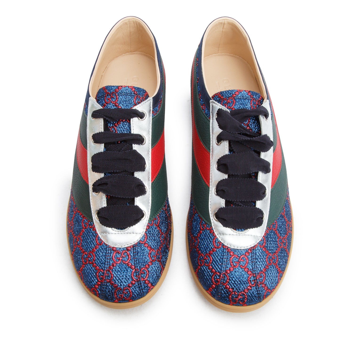Gucci Iridescent Blue Red Lurex Calfskin Web GG Monogram Falacer Sneakers, Men's Size 10 w/ Box