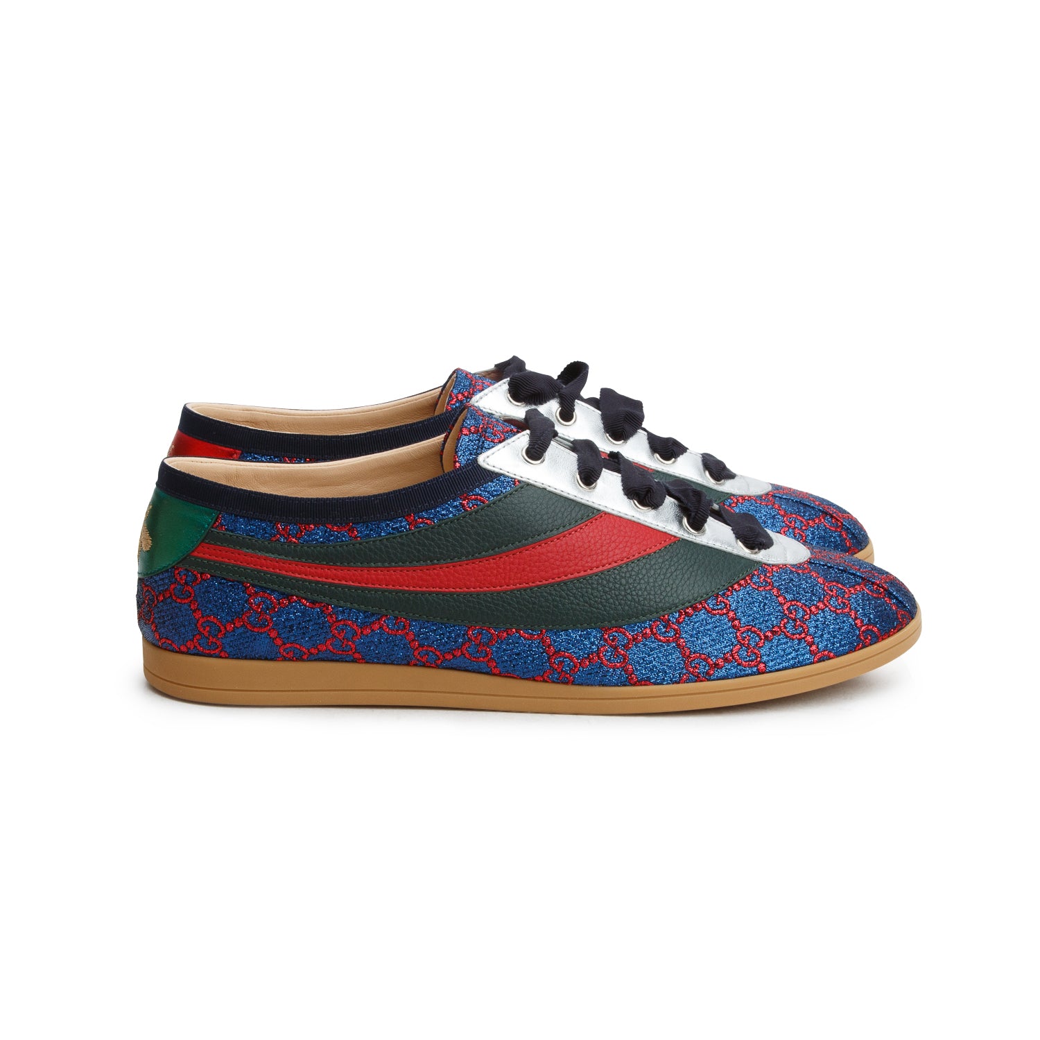 Gucci Iridescent Blue Red Lurex Calfskin Web GG Monogram Falacer Sneakers, Men's Size 10 w/ Box