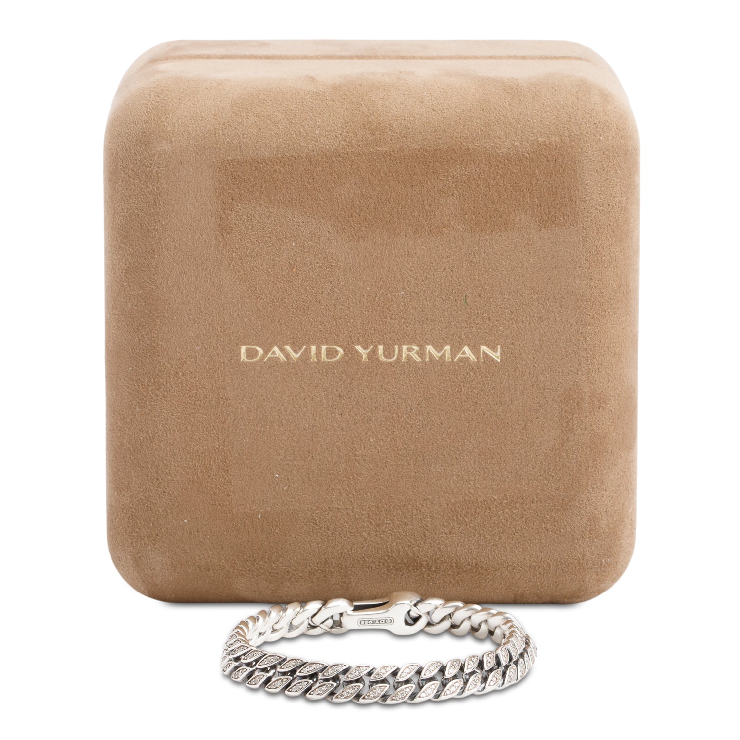 David Yurman Sterling Silver Pave Diamond 8 MM Curb Chain Link Bracelet w/ Box