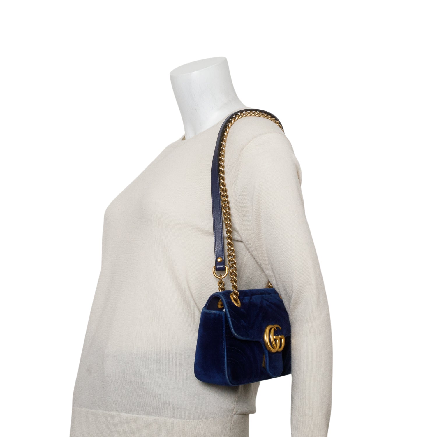 Gucci Blue Velvet Matelasse Small GG Marmont Shoulder Bag