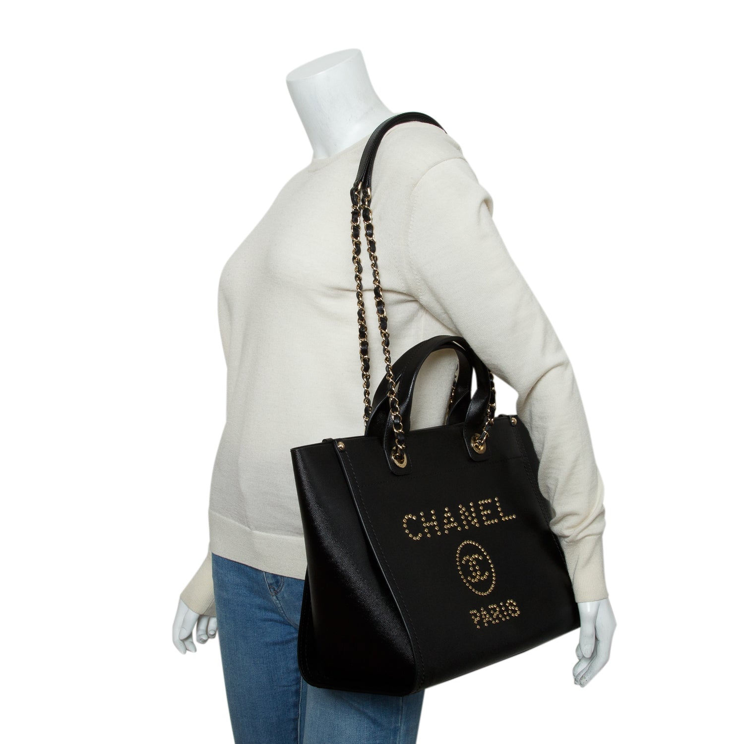 Chanel Black Caviar Small Studded Deauville Tote w/ Box & Authenticity Card