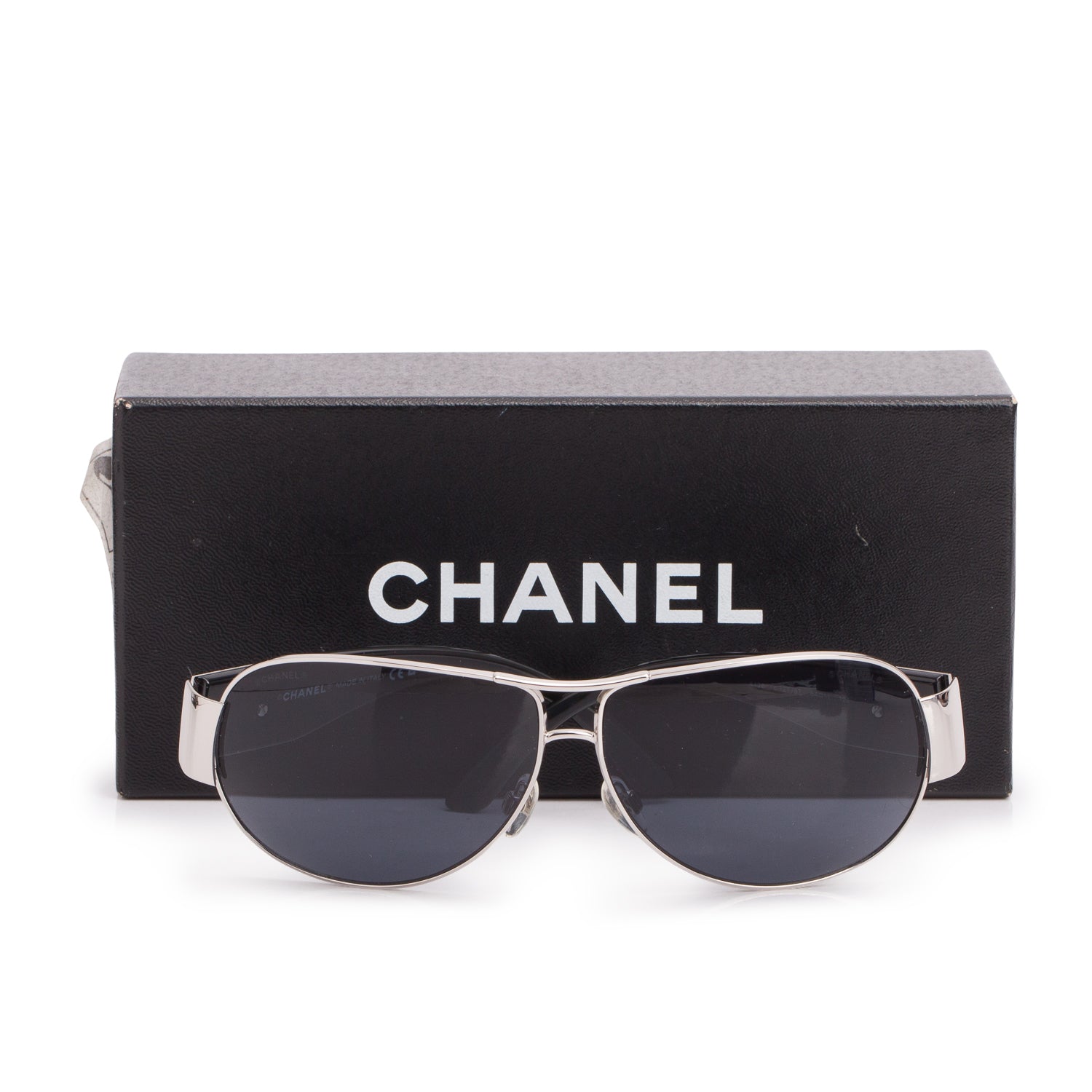 Chanel 4128 Silver Black Plastic Frame Aviator Sunglasses w/ Box & Case