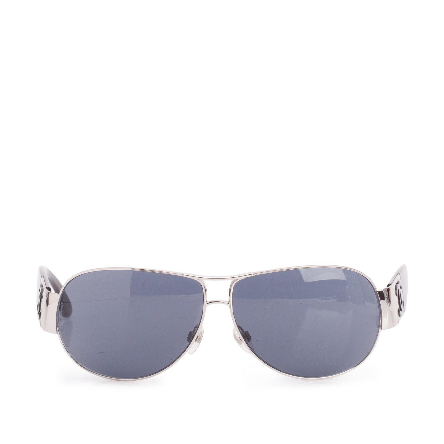 Chanel 4128 Silver Black Plastic Frame Aviator Sunglasses w/ Box & Case