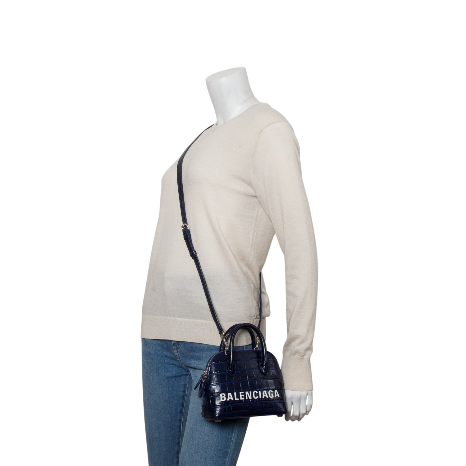 Balenciaga Blue Croc Embossed Ville Mini Top Handle Bag w/ Strap