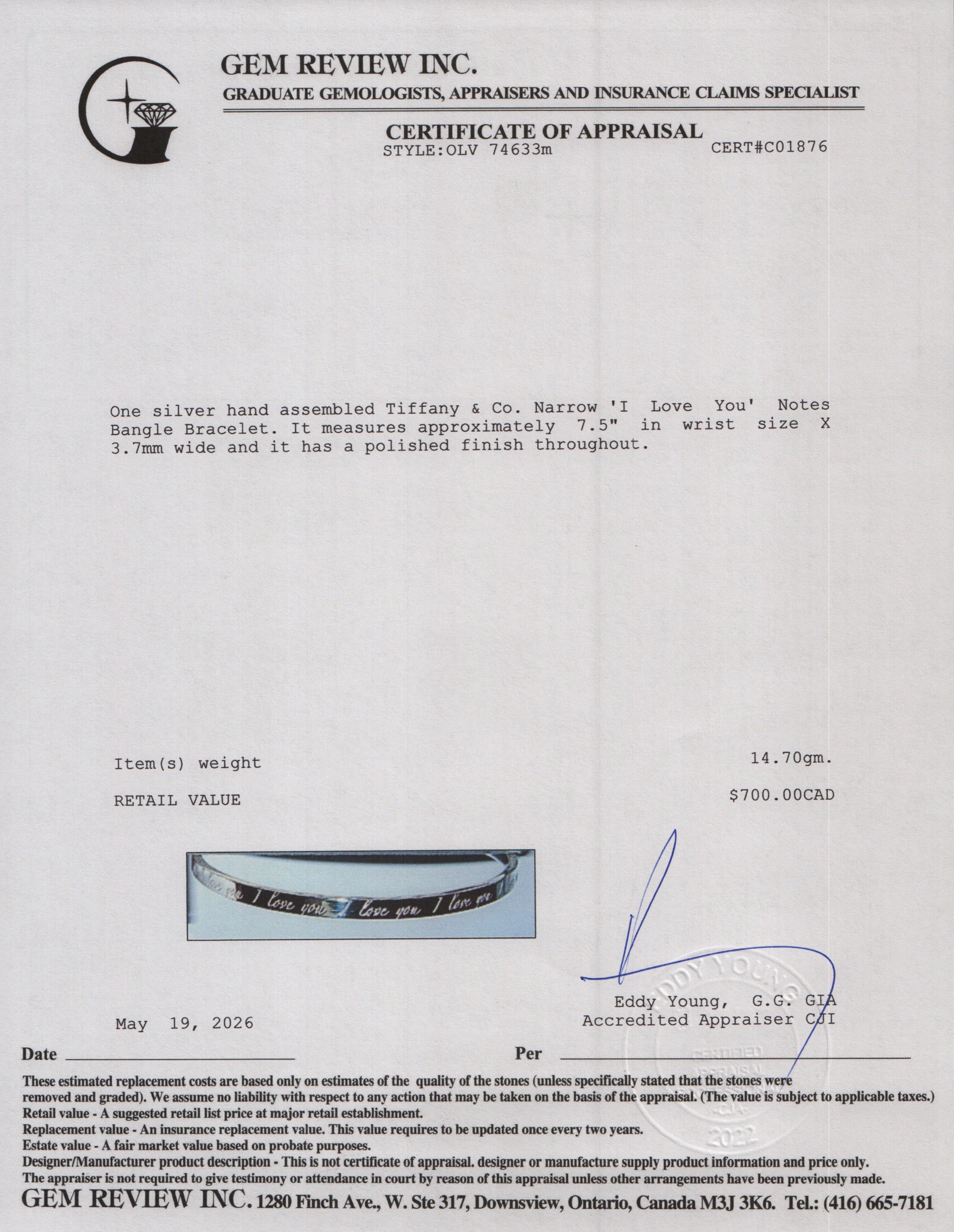 Tiffany & Co. Sterling Silver Narrow 'I Love You' Notes Bangle Bracelet