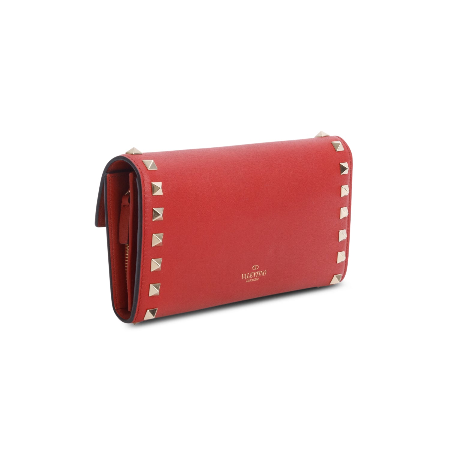 Valentino Red Calfskin Leather Rockstud Wrislet Travel Wallet