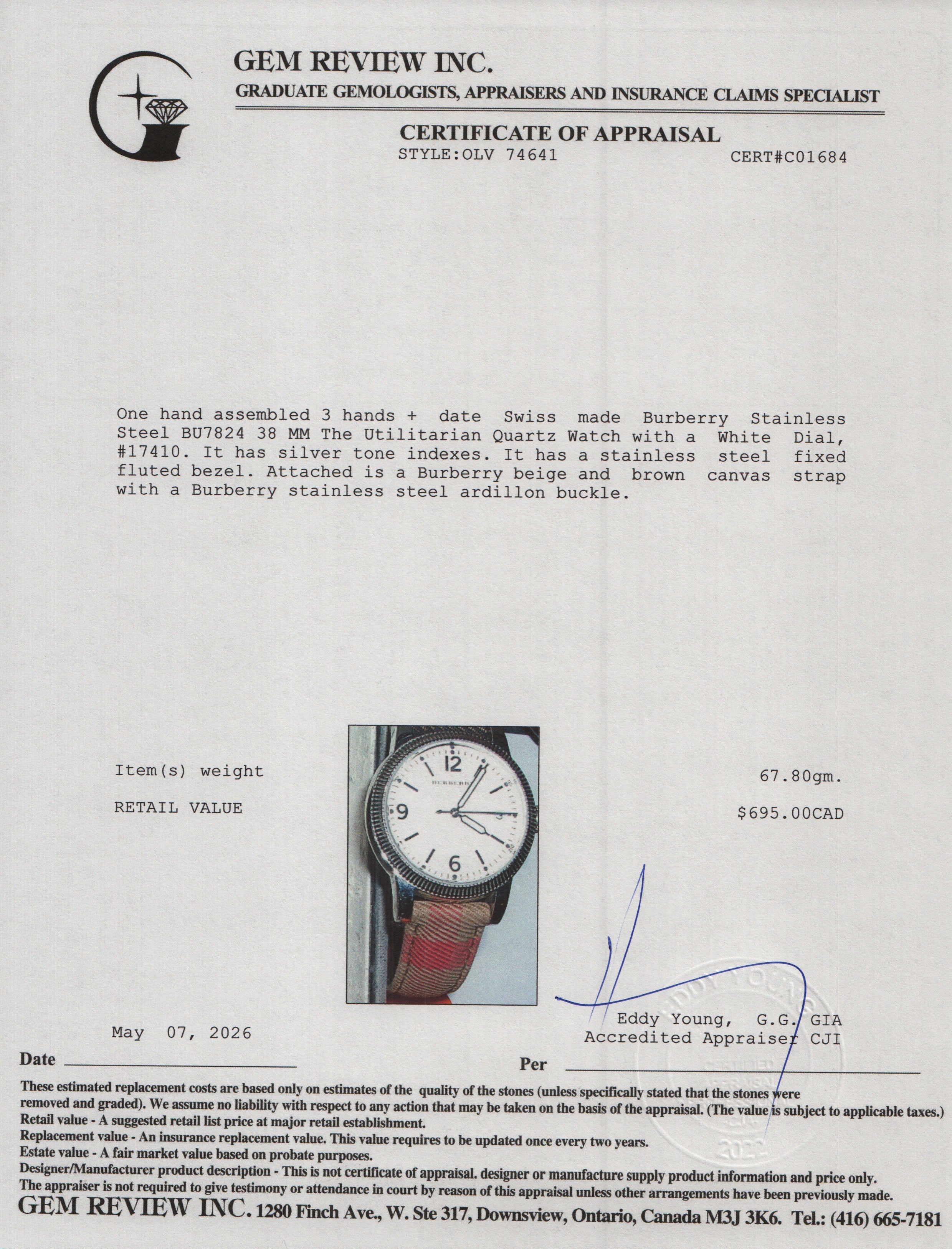 Burberry Stainless Steel BU7824 38 MM The Utilitarian Quartz Watch White Dial w/ Box
