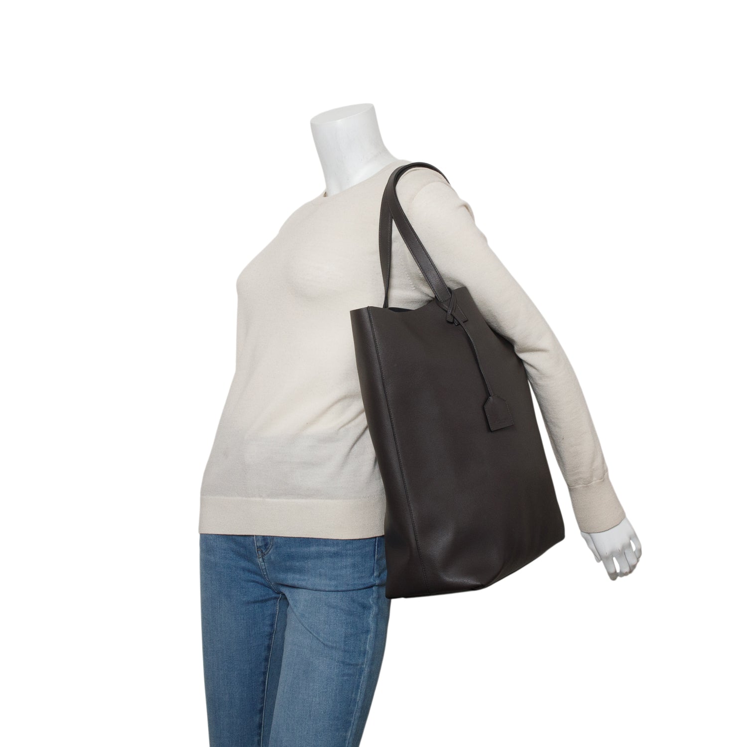 Saint Laurent Grey Calfskin Leather N/S Shopping Tote w/ Pouch