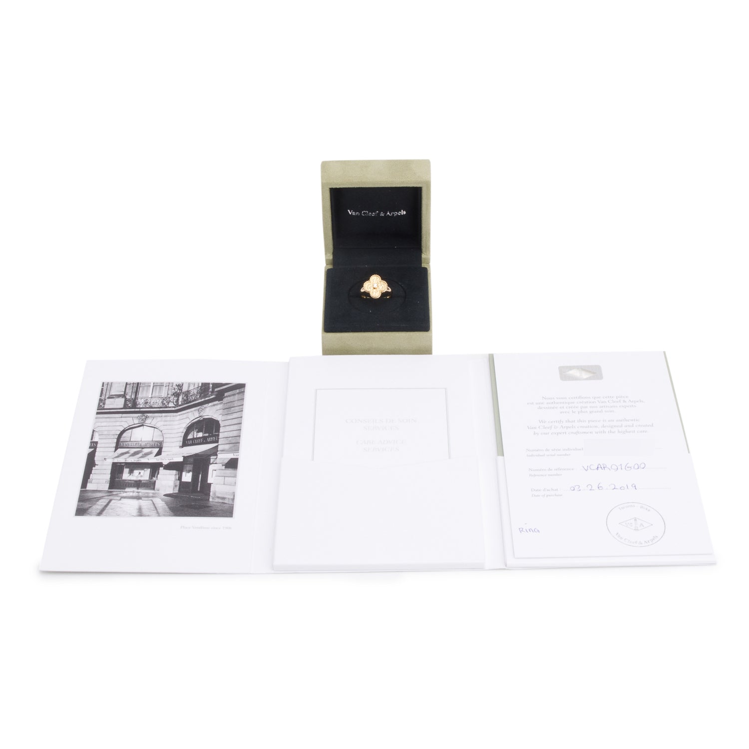 Van Cleef & Arpels 18k Yellow Gold Diamond Vintage Alhambra Ring, Size 54 6.75 w/ Box & Certificate
