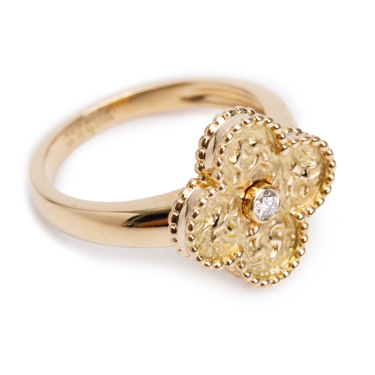 Van Cleef & Arpels 18k Yellow Gold Diamond Vintage Alhambra Ring, Size 54 6.75 w/ Box & Certificate
