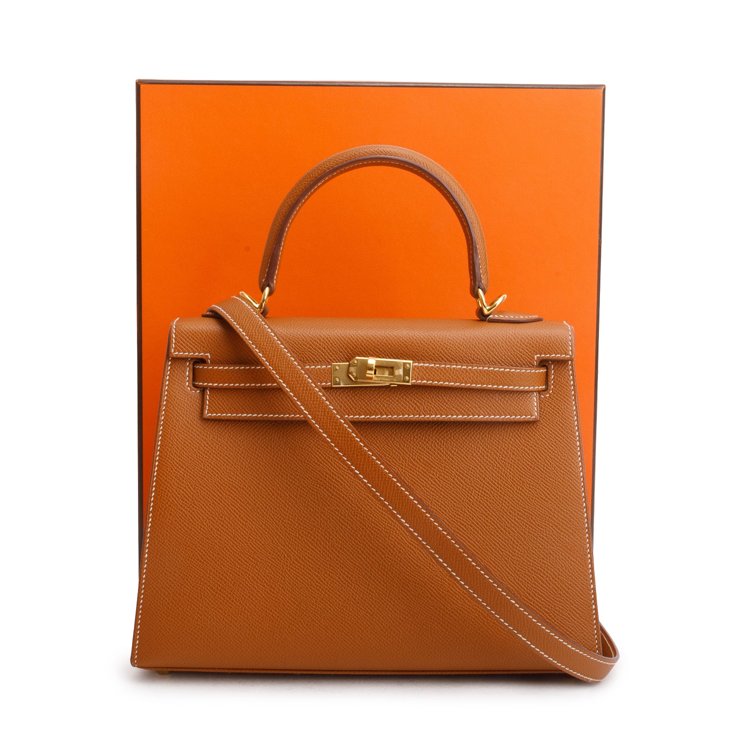 Hermes 2024 Gold Veau Epsom Kelly II Sellier 25 w/ Box & Strap