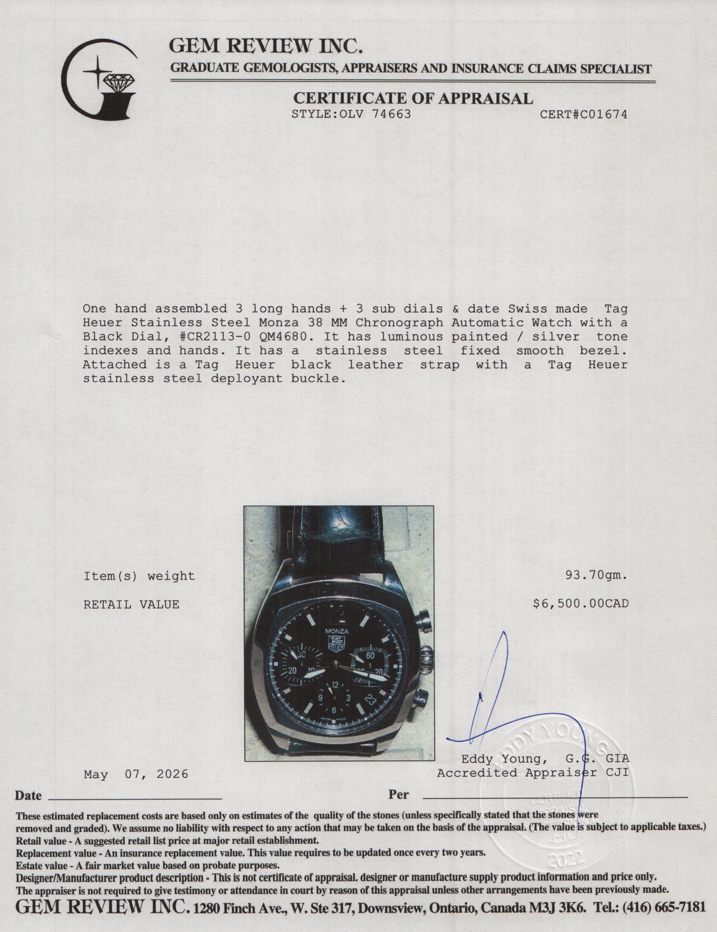 Tag Heuer Stainless Steel Monza 38 MM Chronograph Automatic Watch Black Dial CR2113-0