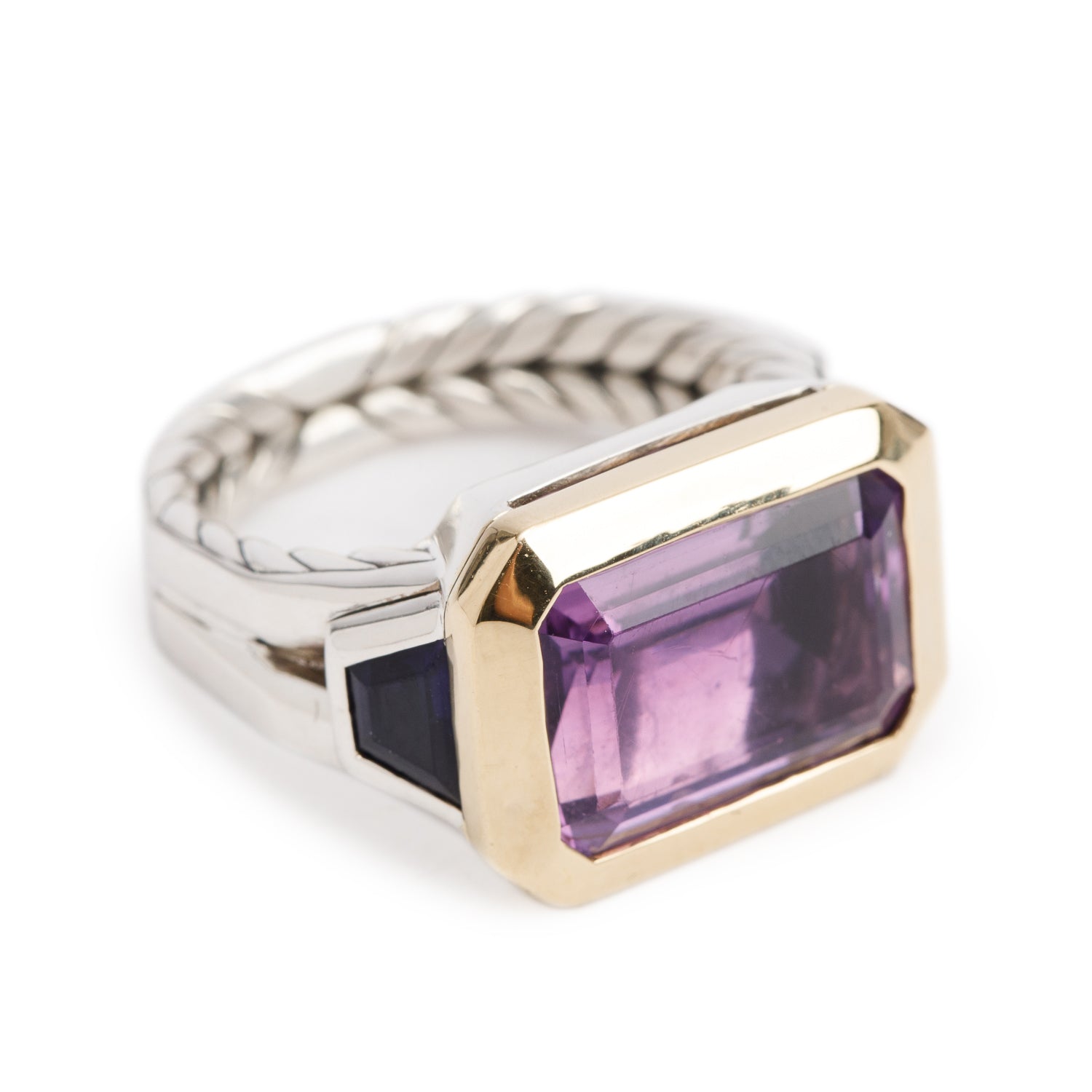 David Yurman Sterling Silver & 18k Yellow Gold Three Stone Amethyst & Iolite Novela Ring, Size 5.75