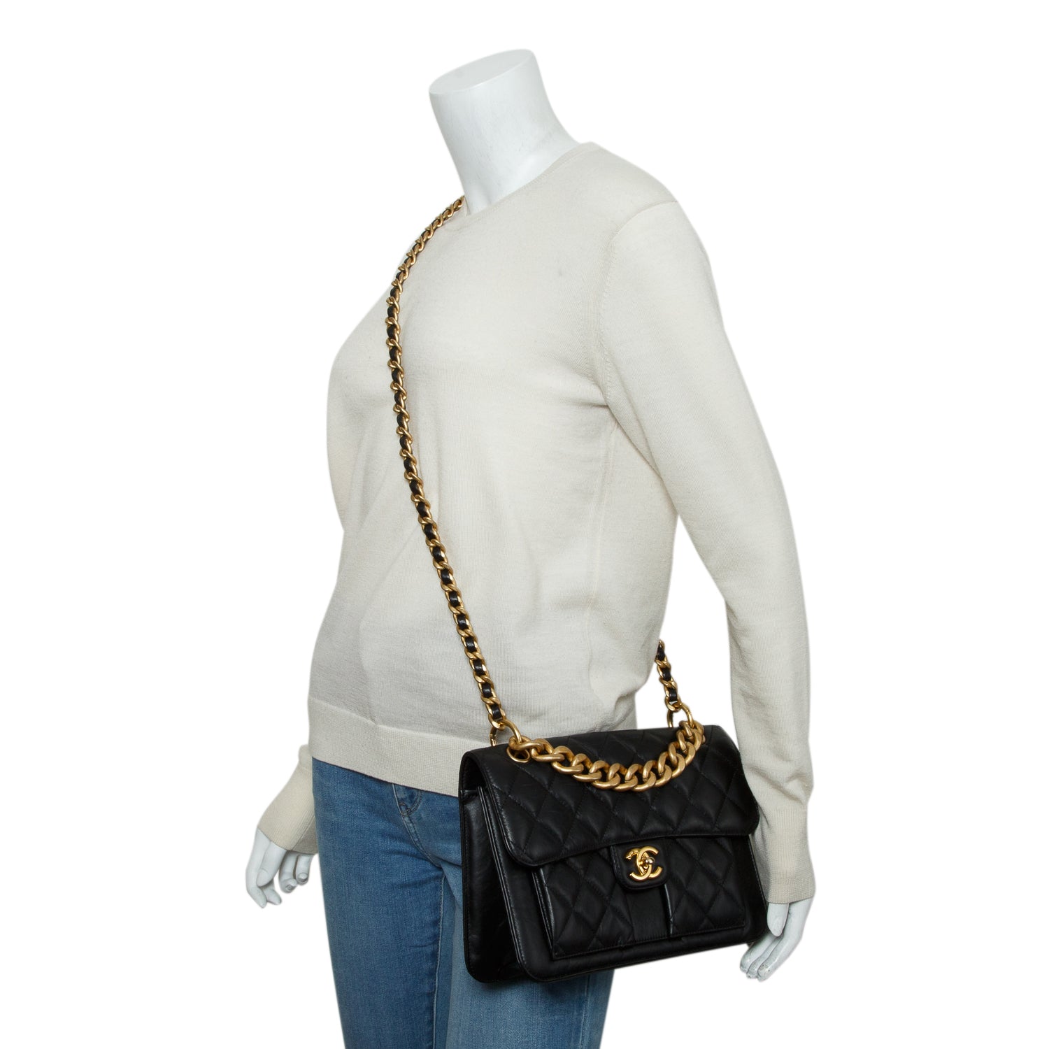 Chanel 2023 Black Calfskin Quilted Leather Large Double You CC Flap Bag w/ Box