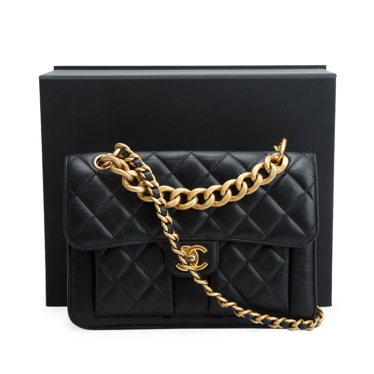 Chanel 2023 Black Calfskin Quilted Leather Large Double You CC Flap Bag w/ Box
