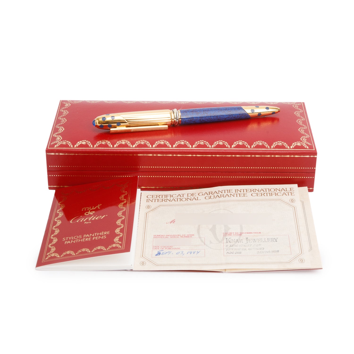 Cartier Gold Plated Marble Blue Lacquer Panthere De Cartier Ballpoint Pen w/ Box