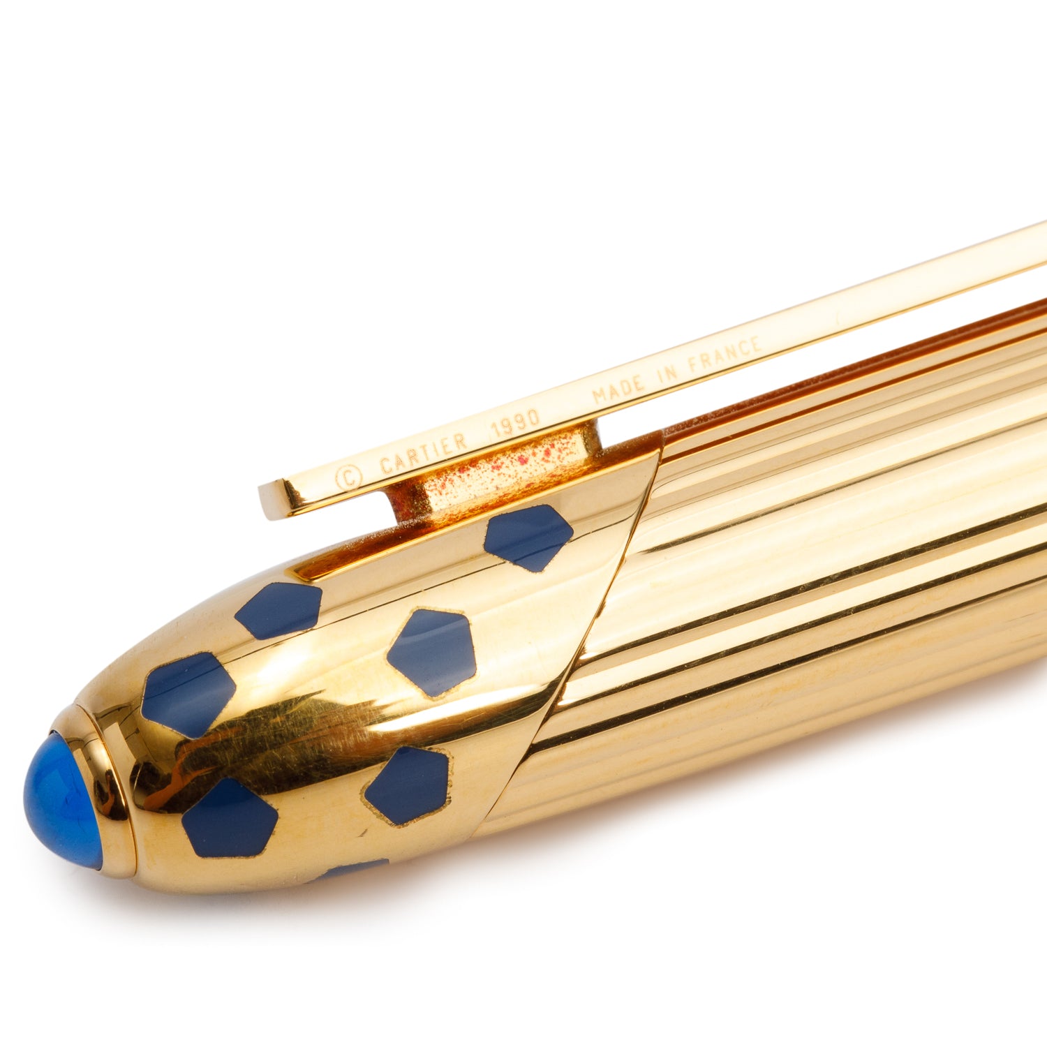 Cartier Gold Plated Marble Blue Lacquer Panthere De Cartier Ballpoint Pen w/ Box