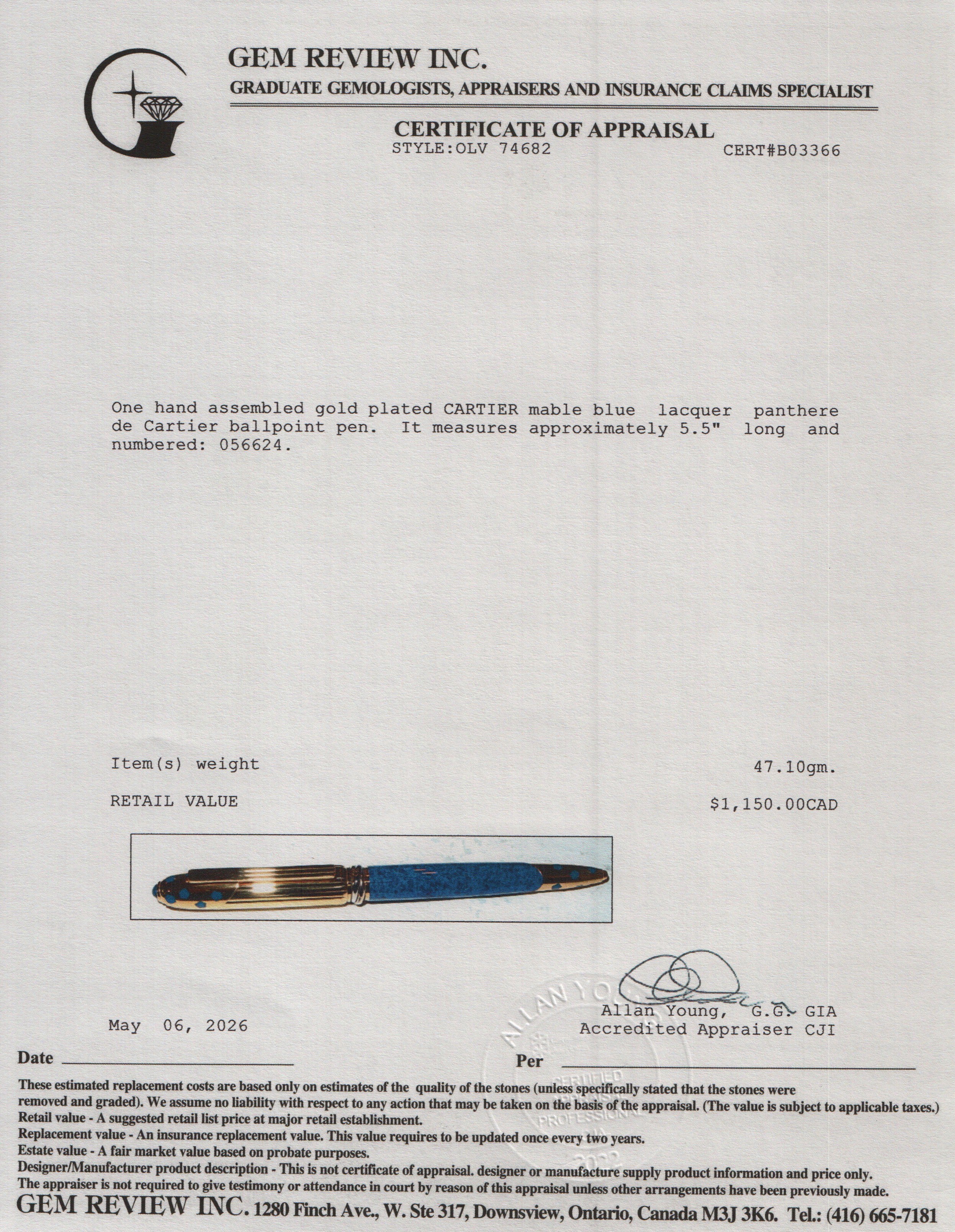 Cartier Gold Plated Marble Blue Lacquer Panthere De Cartier Ballpoint Pen w/ Box