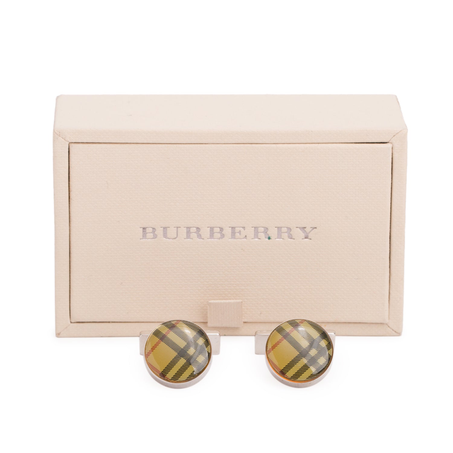 Burberry Palladium Plated House Check Round Cufflinks w/ Box