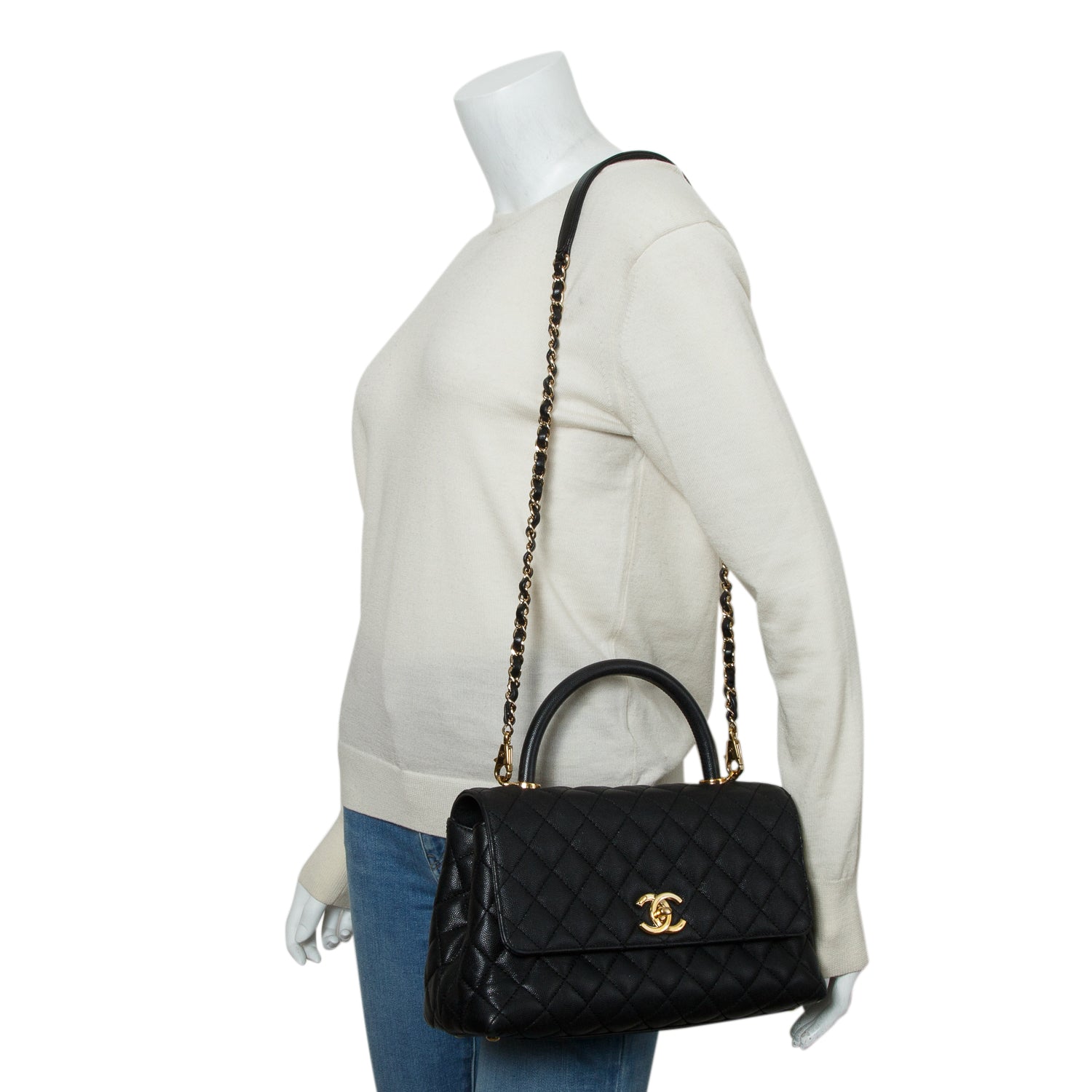 Chanel Black Caviar Quilted Medium Coco Handle Flap w/ Box