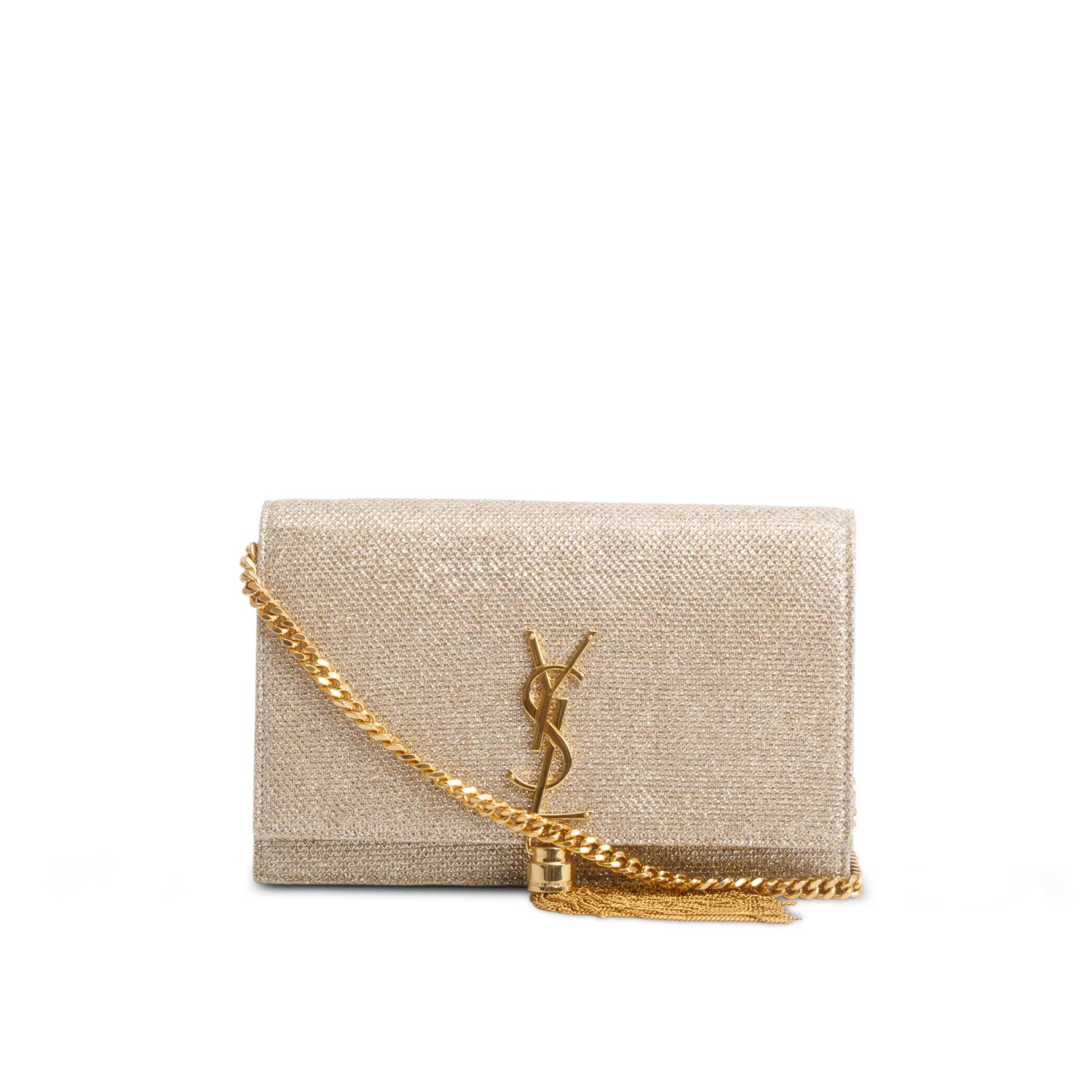 Saint Laurent Gold Metallic Canvas Woven Classic Monogram Kate Tassel Chain Wallet