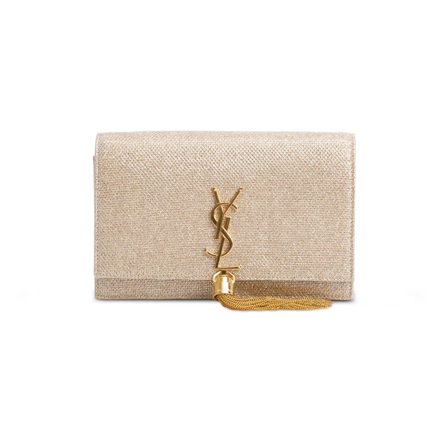Saint Laurent Gold Metallic Canvas Woven Classic Monogram Kate Tassel Chain Wallet