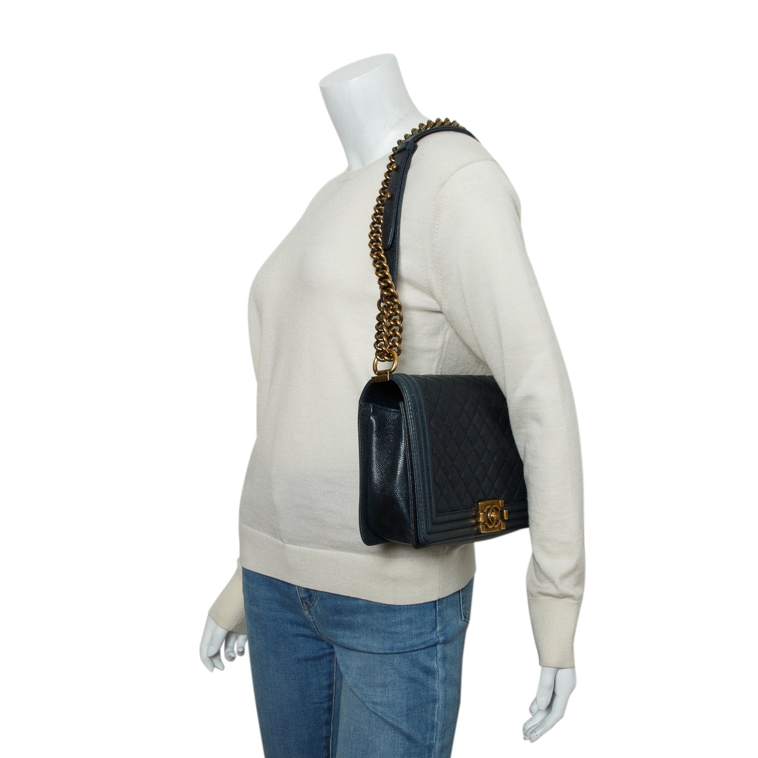 Chanel Navy Caviar Quilted Large Boy Bag w/ Box