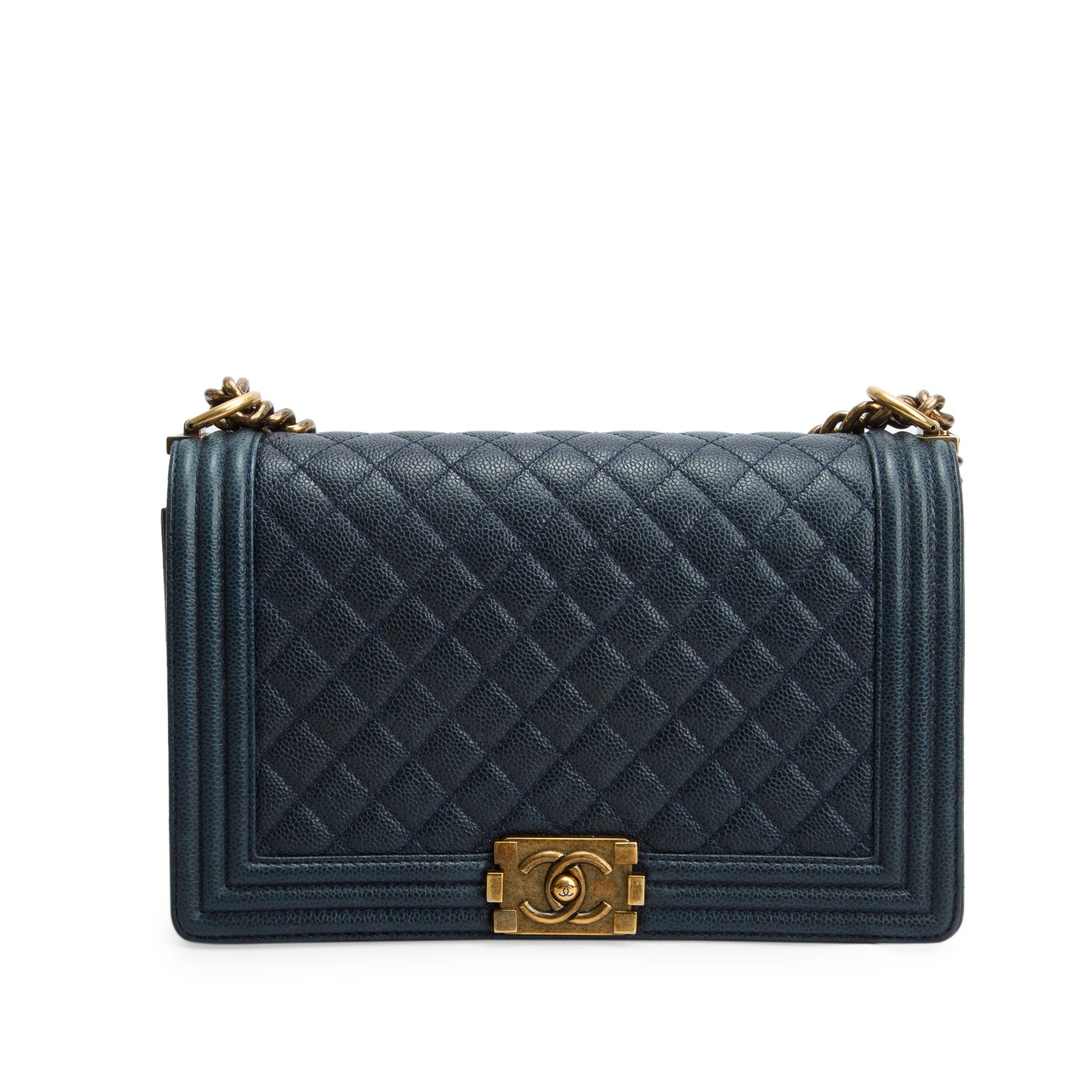 Chanel Navy Caviar Quilted Large Boy Bag w/ Box