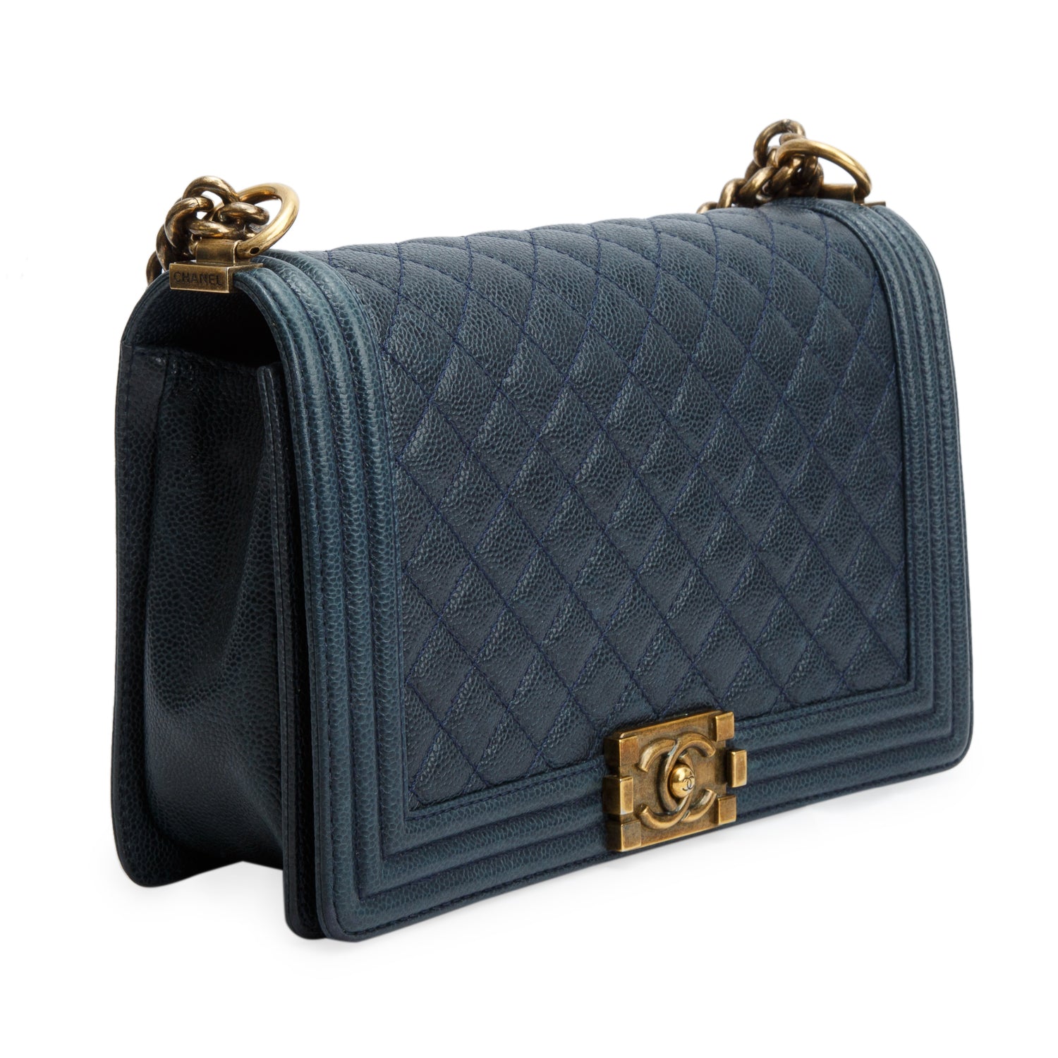 Chanel Navy Caviar Quilted Large Boy Bag w/ Box
